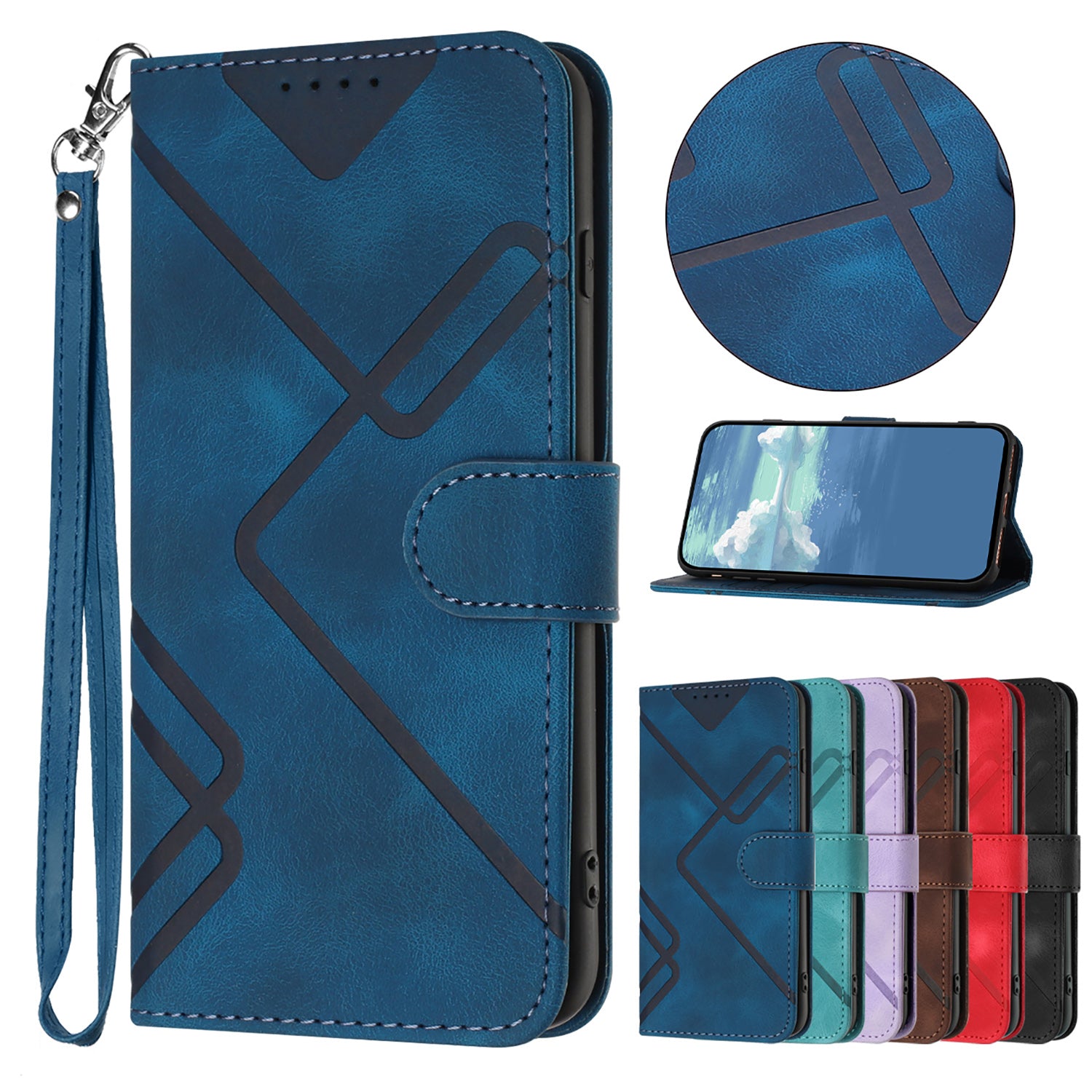 For Xiaomi 17 Pro Max Wallet Case Line Imprinted PU Leather Phone Cover with Strap - Royal Blue