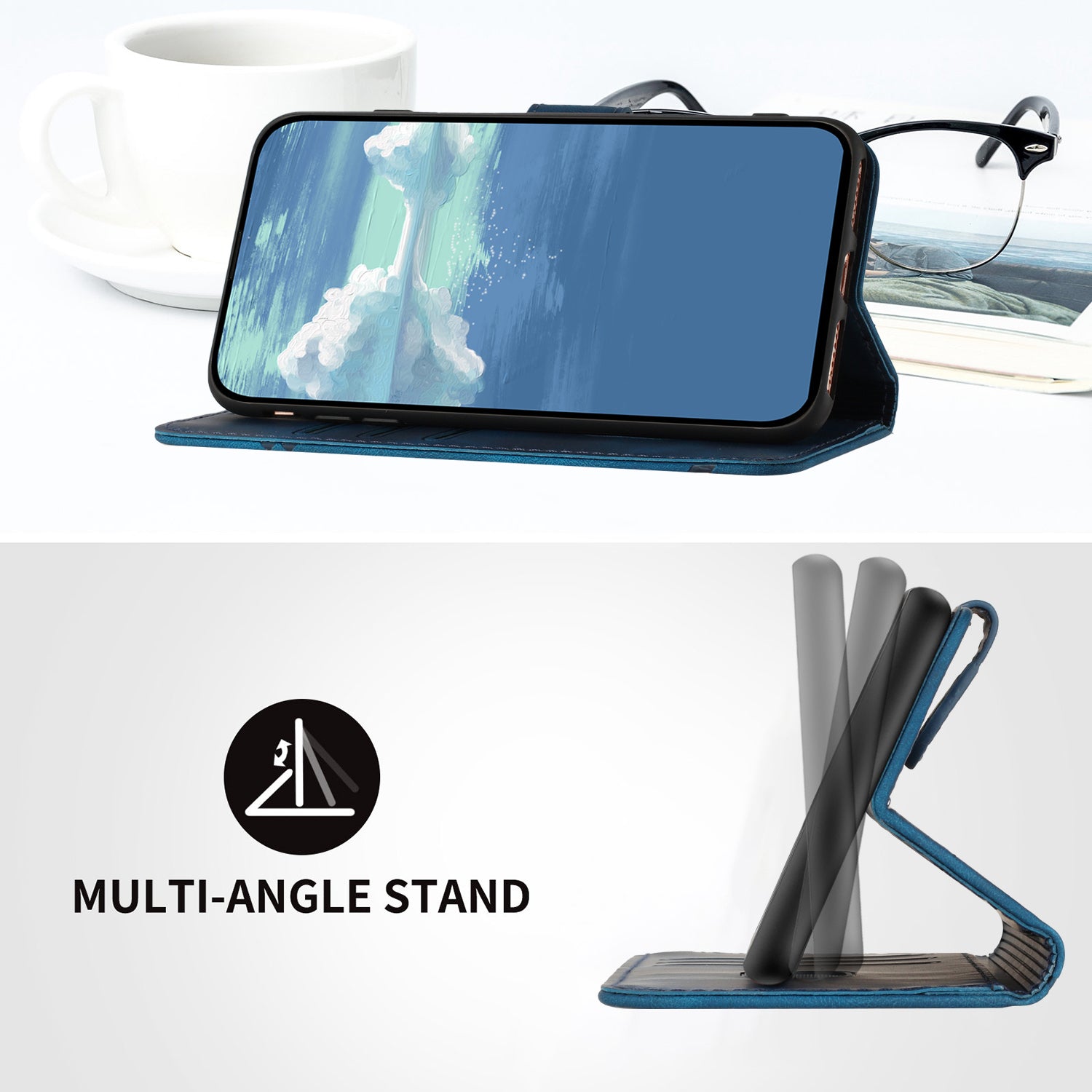 For Xiaomi 17 Pro Max Wallet Case Line Imprinted PU Leather Phone Cover with Strap - Royal Blue