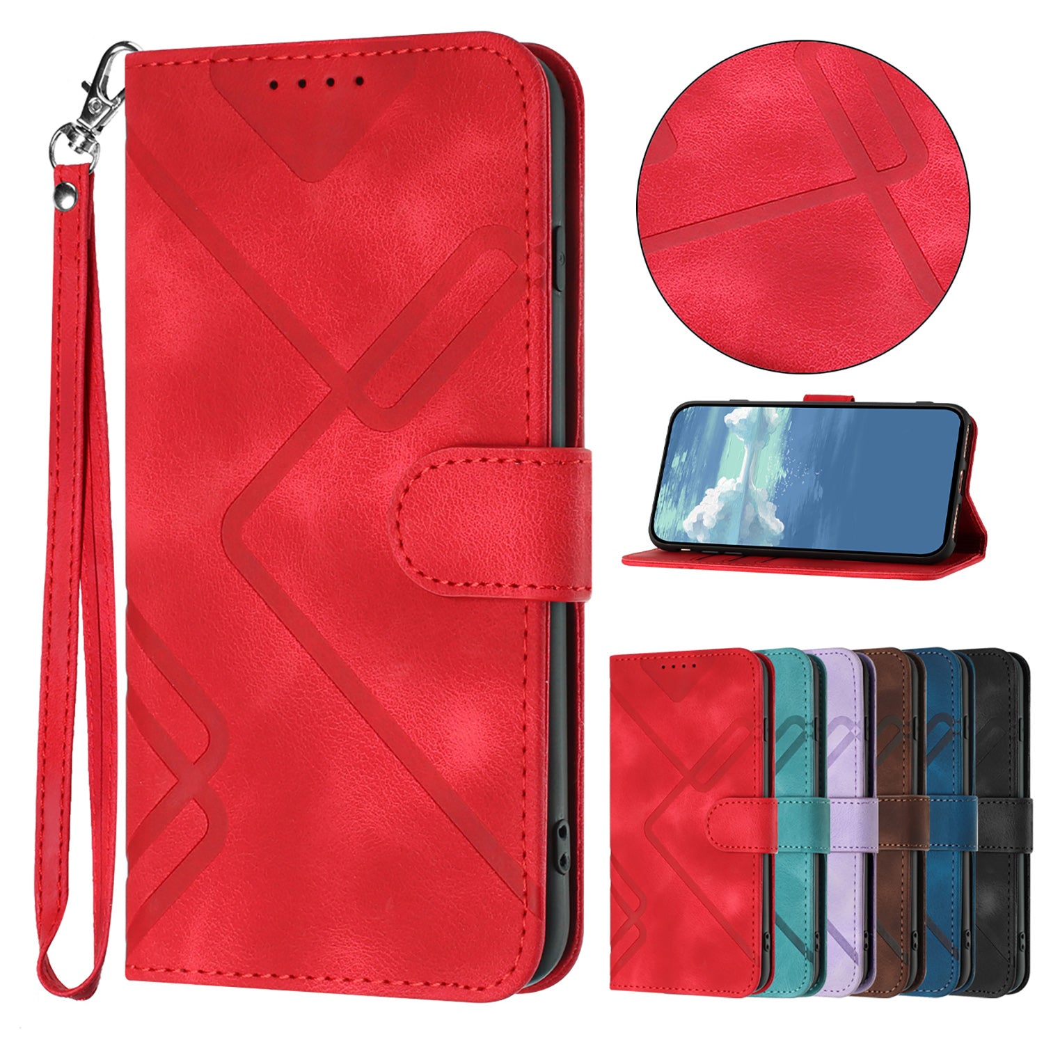 For Xiaomi 17 Pro Max Wallet Case Line Imprinted PU Leather Phone Cover with Strap - Red