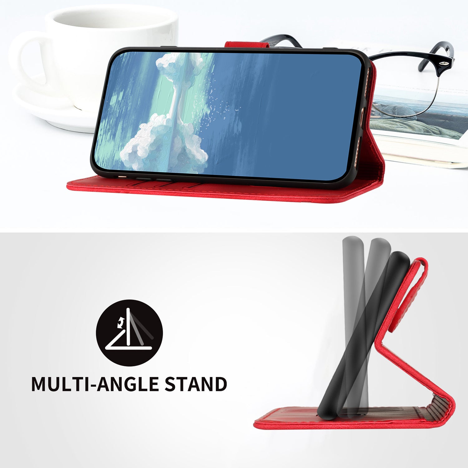 For Xiaomi 17 Pro Max Wallet Case Line Imprinted PU Leather Phone Cover with Strap - Red