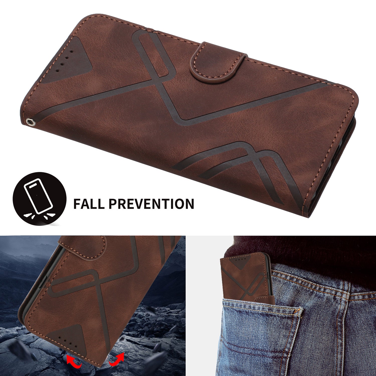 For Xiaomi 17 Pro Max Wallet Case Line Imprinted PU Leather Phone Cover with Strap - Brown