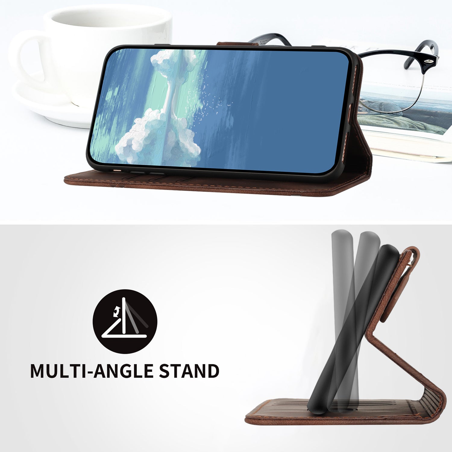For Xiaomi 17 Pro Max Wallet Case Line Imprinted PU Leather Phone Cover with Strap - Brown