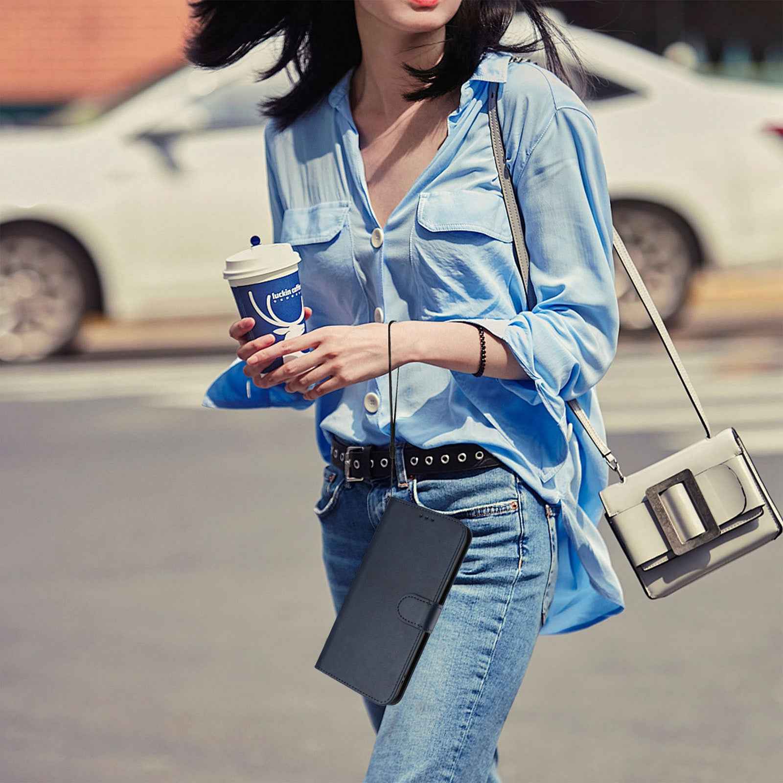 For Xiaomi 17 Pro Wallet Case RFID Blocking Calf Texture Leather Stand Phone Cover with Strap - Blue