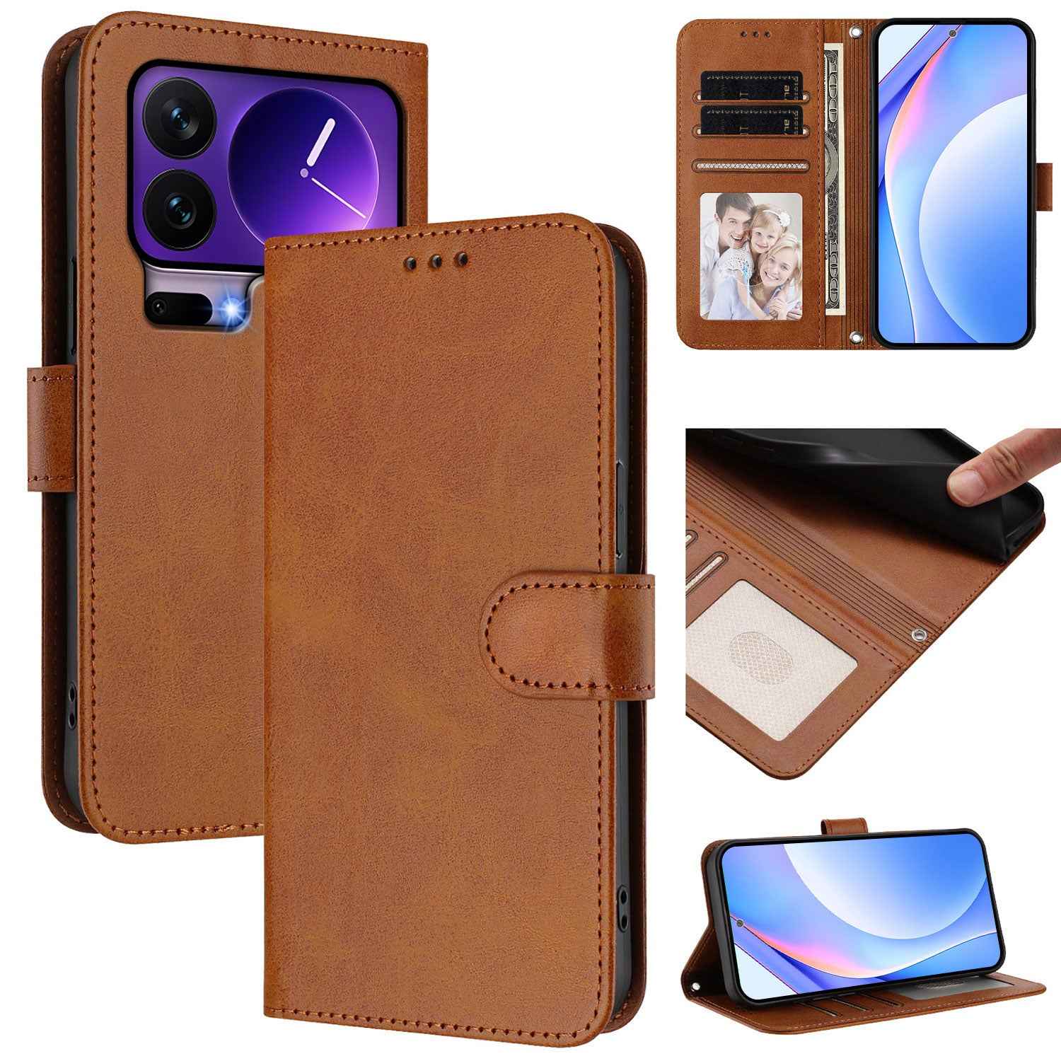 For Xiaomi 17 Pro Wallet Case RFID Blocking Calf Texture Leather Stand Phone Cover with Strap - Brown
