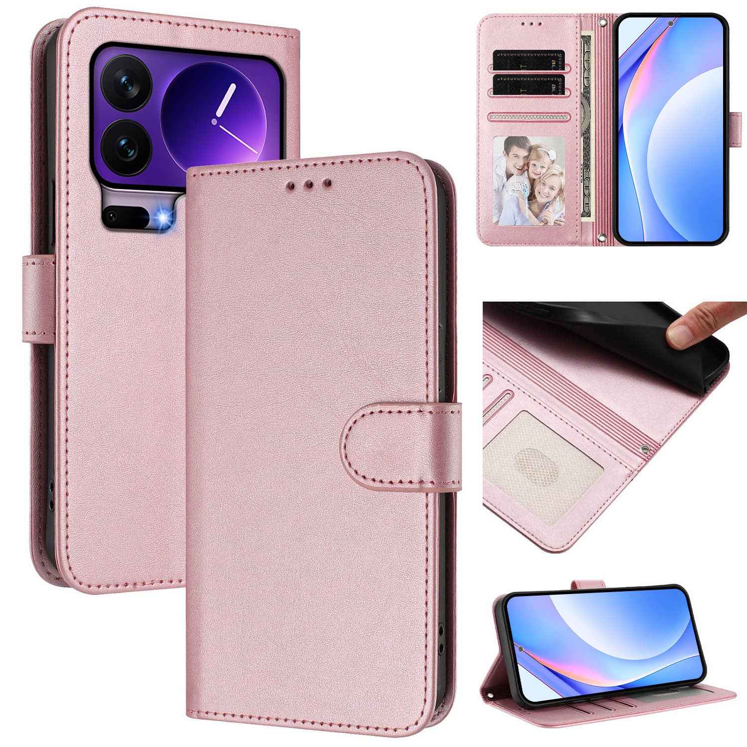 For Xiaomi 17 Pro Wallet Case RFID Blocking Calf Texture Leather Stand Phone Cover with Strap - Pink