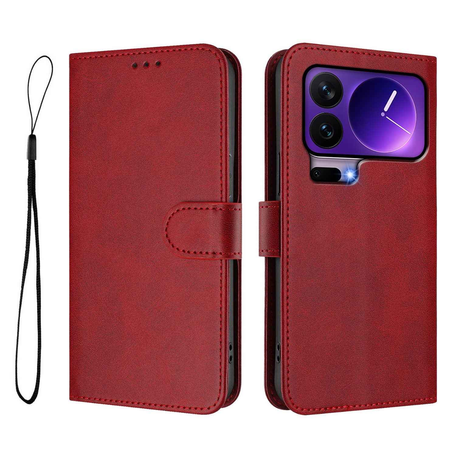 For Xiaomi 17 Pro Wallet Case RFID Blocking Calf Texture Leather Stand Phone Cover with Strap - Wine Red