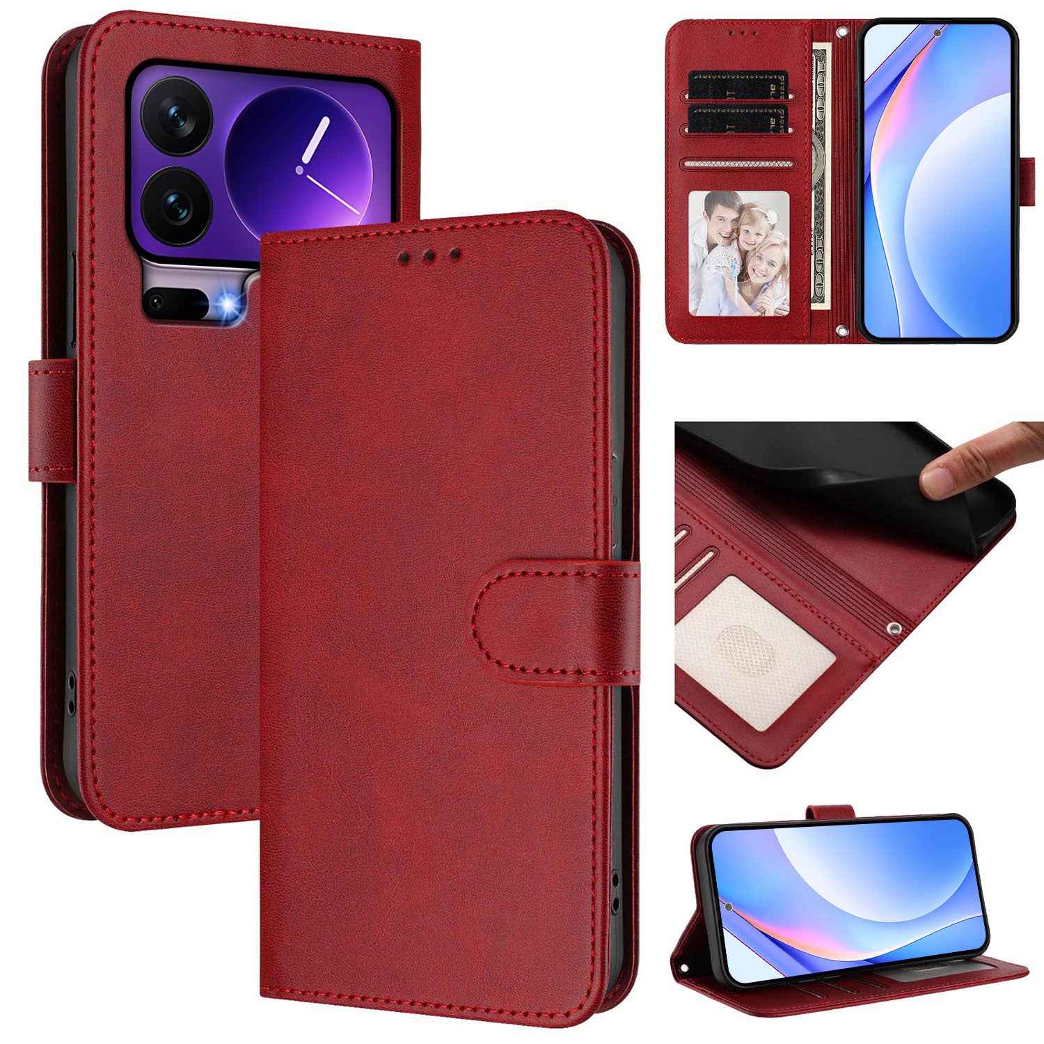 For Xiaomi 17 Pro Wallet Case RFID Blocking Calf Texture Leather Stand Phone Cover with Strap - Wine Red