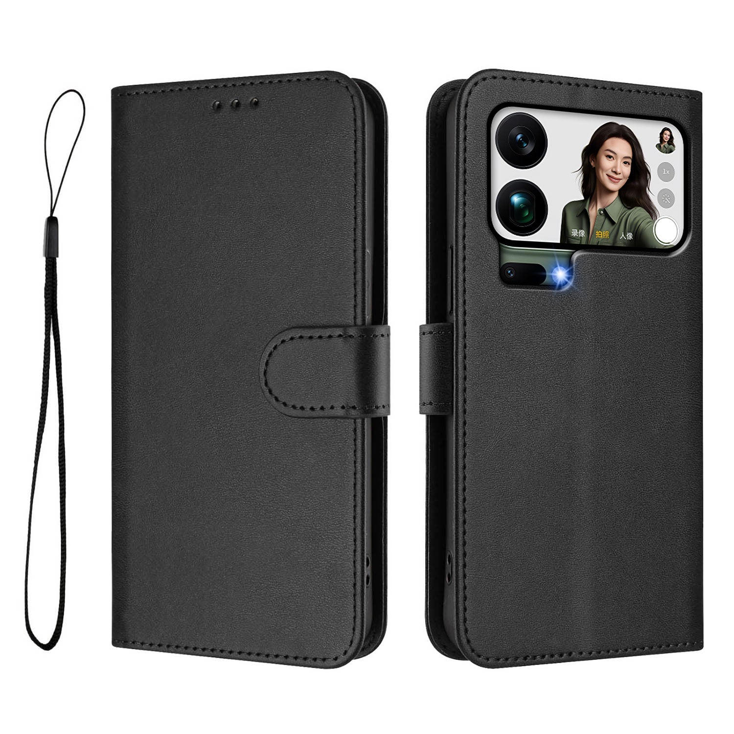 For Xiaomi 17 Pro Max Wallet Case RFID Blocking Calf Texture Leather Stand Phone Cover with Strap - Black