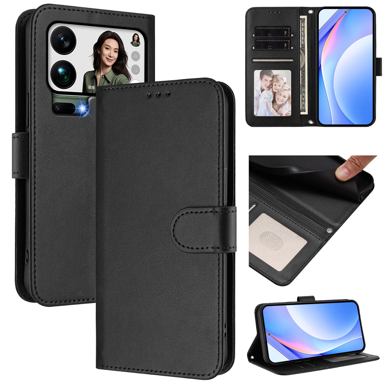 For Xiaomi 17 Pro Max Wallet Case RFID Blocking Calf Texture Leather Stand Phone Cover with Strap - Black