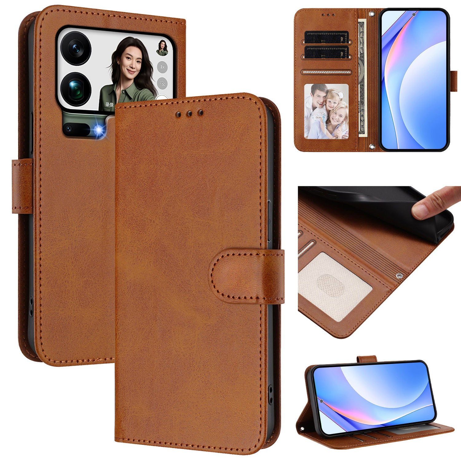 For Xiaomi 17 Pro Max Wallet Case RFID Blocking Calf Texture Leather Stand Phone Cover with Strap - Brown