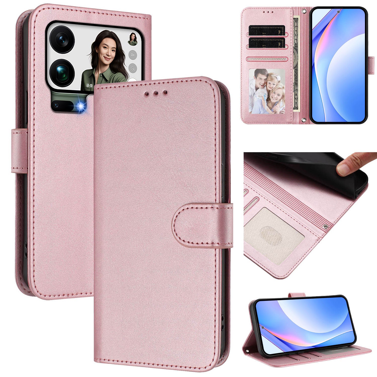 For Xiaomi 17 Pro Max Wallet Case RFID Blocking Calf Texture Leather Stand Phone Cover with Strap - Pink