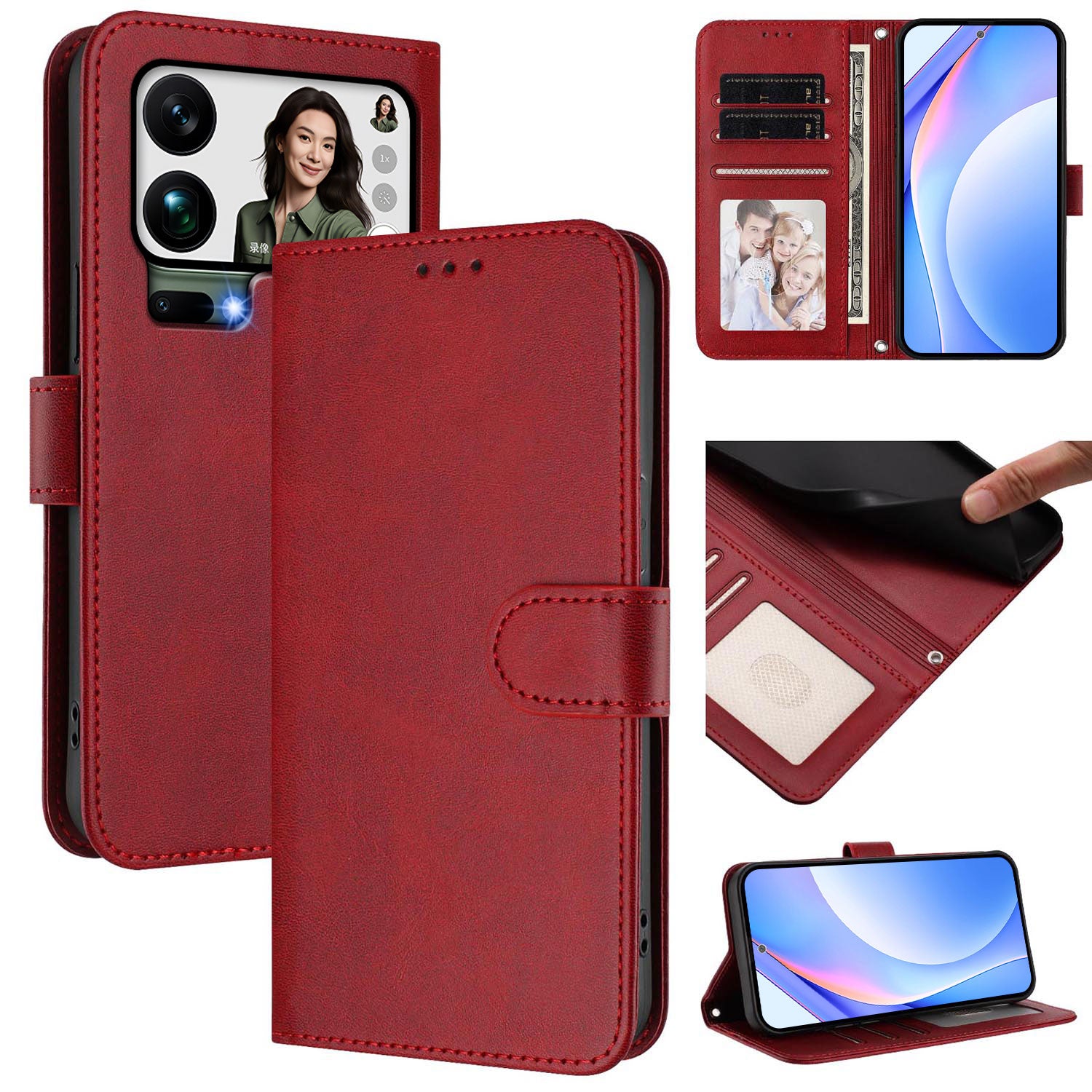 For Xiaomi 17 Pro Max Wallet Case RFID Blocking Calf Texture Leather Stand Phone Cover with Strap - Wine Red
