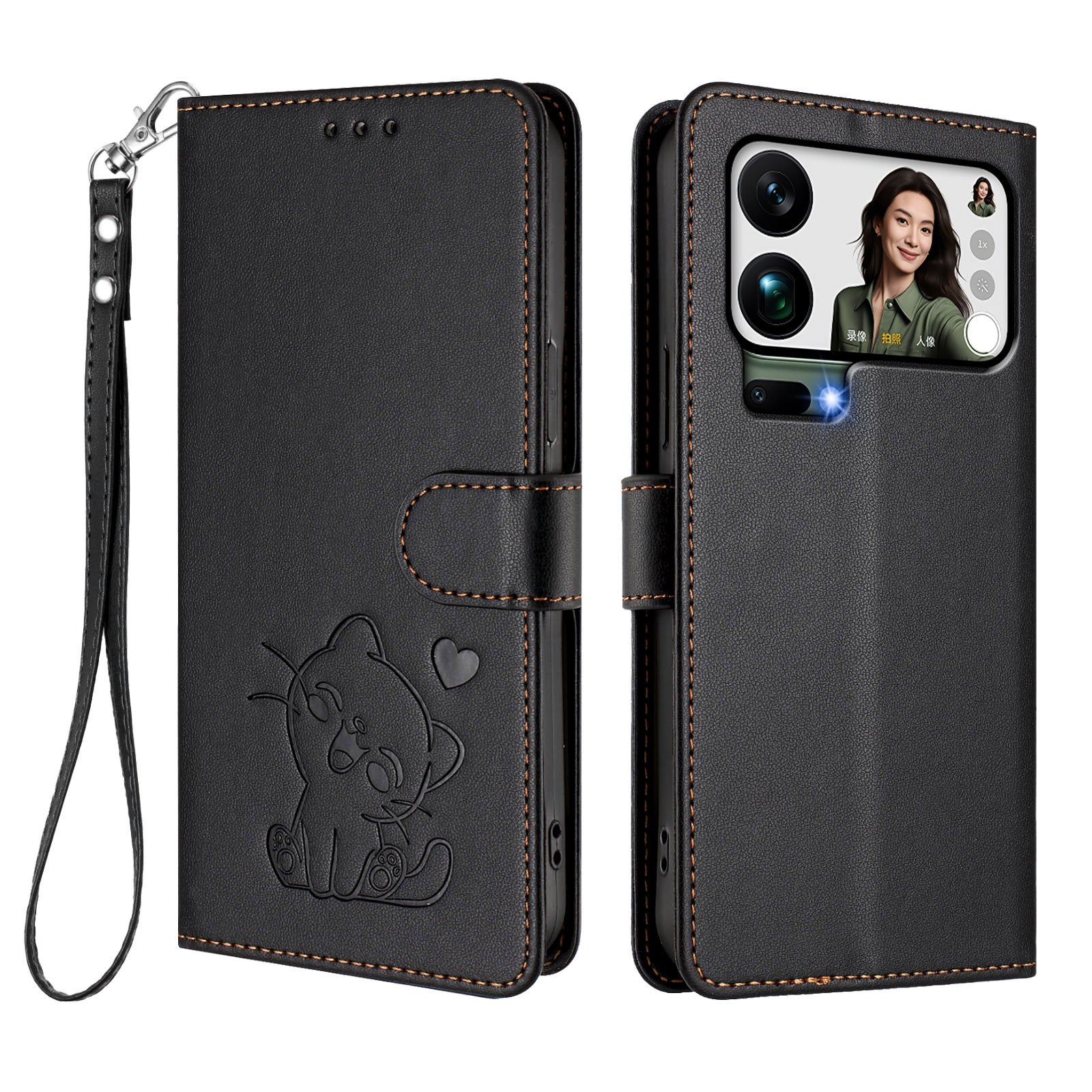 For Xiaomi 17 Pro Max Wallet Case with Wrist Strap Love Cat Pattern Imprint Leather Phone Cover - Black