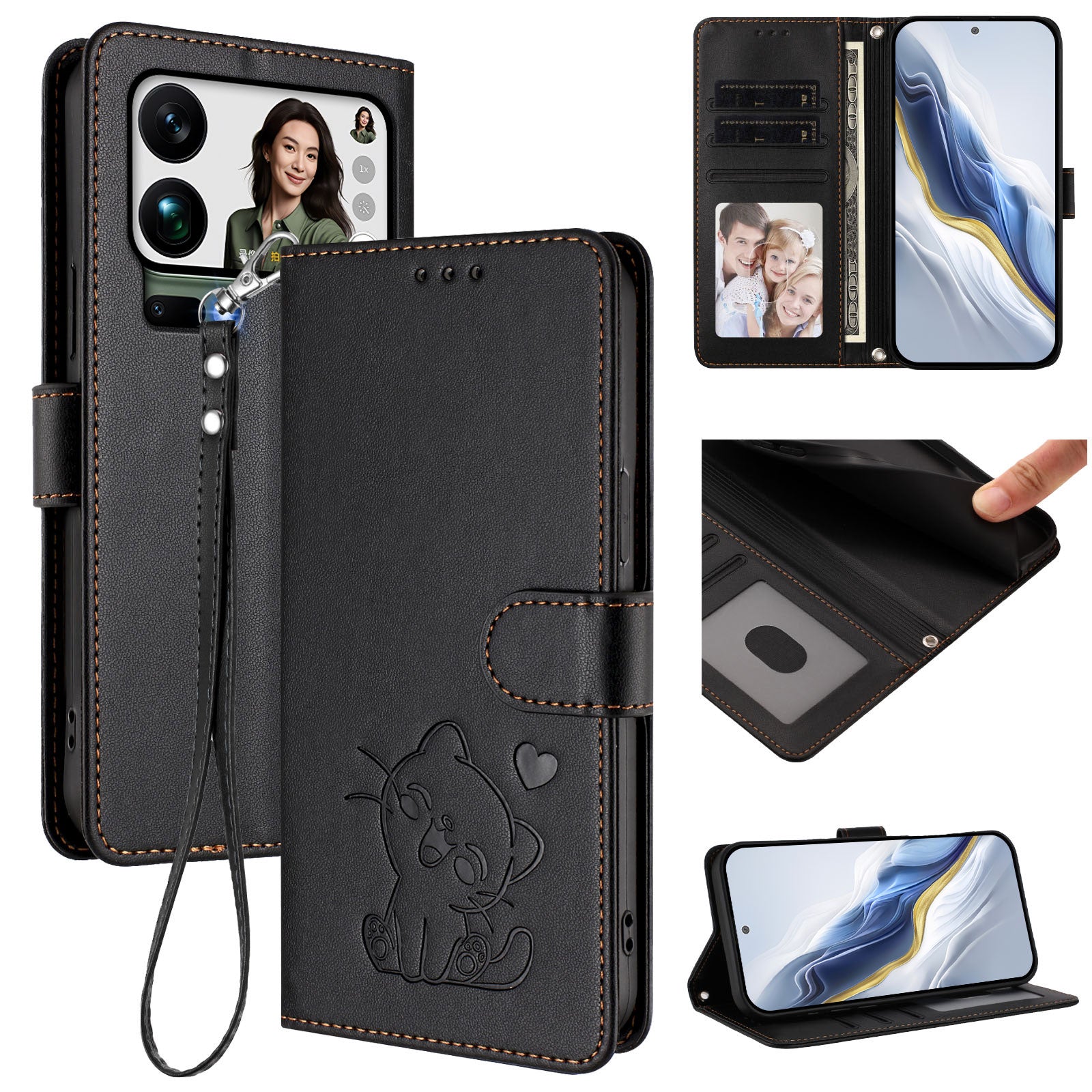 For Xiaomi 17 Pro Max Wallet Case with Wrist Strap Love Cat Pattern Imprint Leather Phone Cover - Black