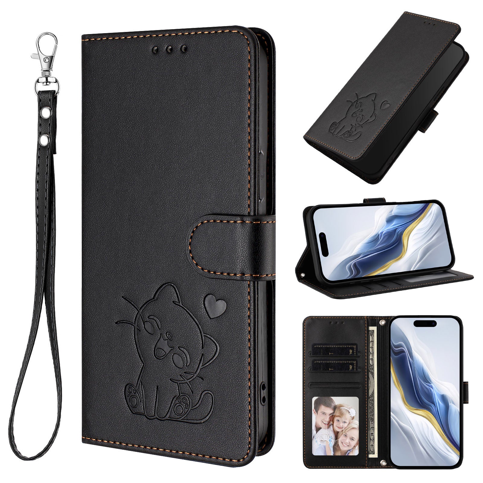 For Xiaomi 17 Pro Max Wallet Case with Wrist Strap Love Cat Pattern Imprint Leather Phone Cover - Black