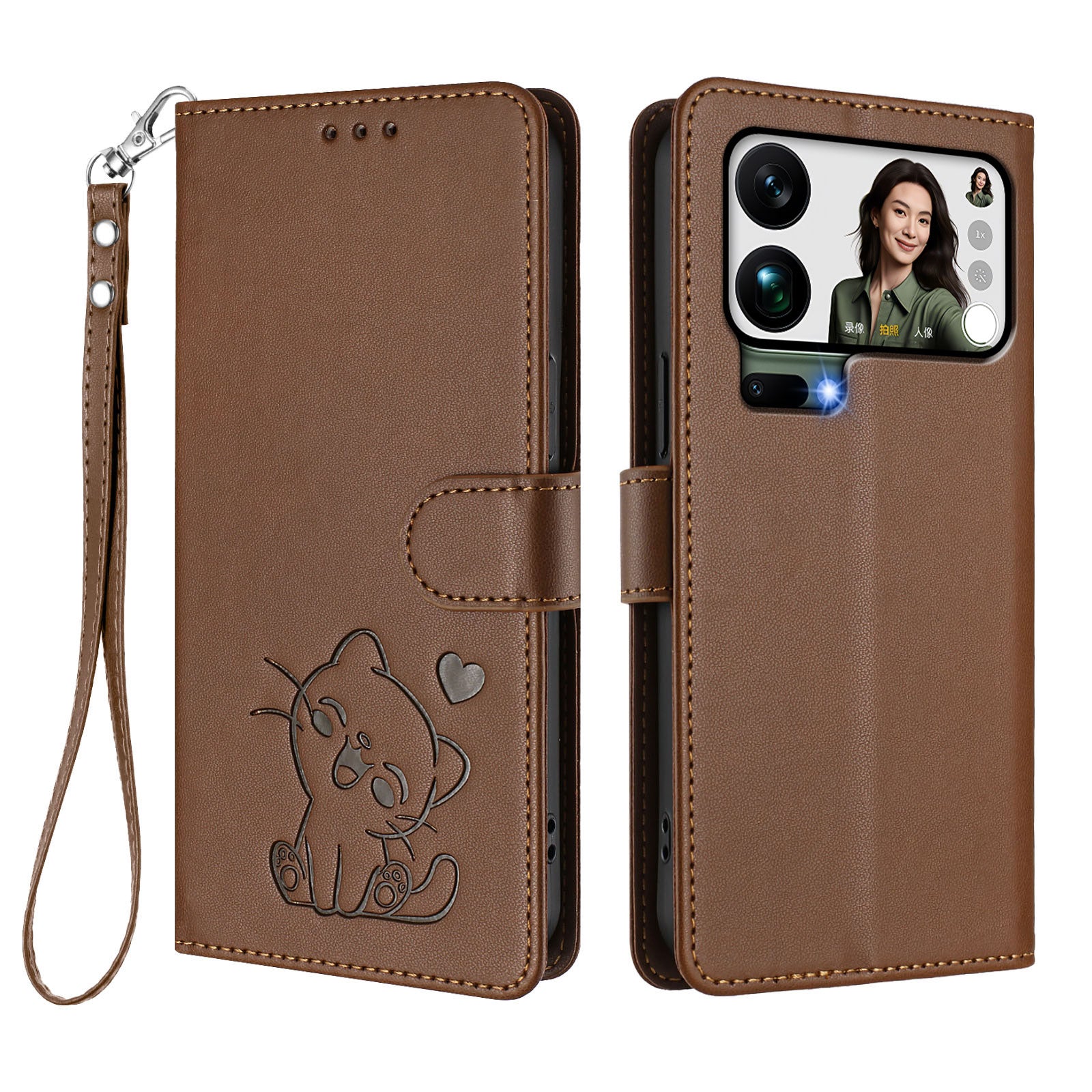 For Xiaomi 17 Pro Max Wallet Case with Wrist Strap Love Cat Pattern Imprint Leather Phone Cover - Brown