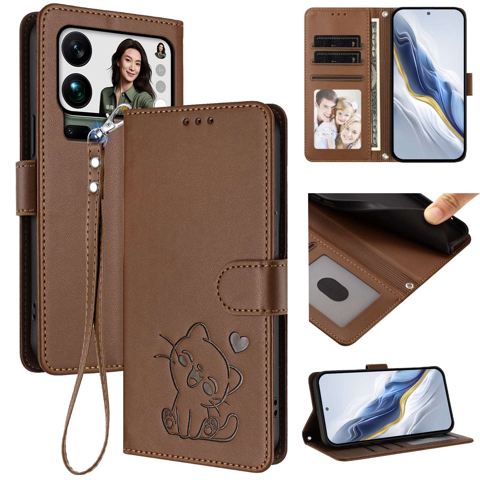 For Xiaomi 17 Pro Max Wallet Case with Wrist Strap Love Cat Pattern Imprint Leather Phone Cover - Brown