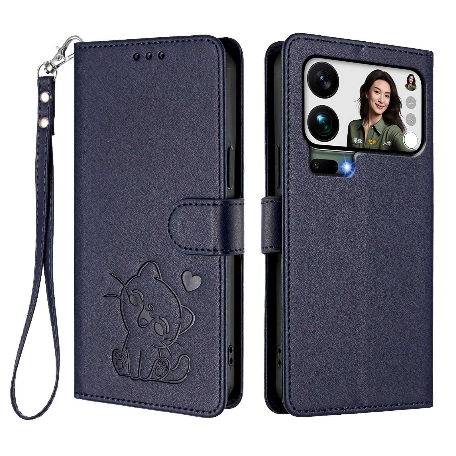 For Xiaomi 17 Pro Max Wallet Case with Wrist Strap Love Cat Pattern Imprint Leather Phone Cover - Blue
