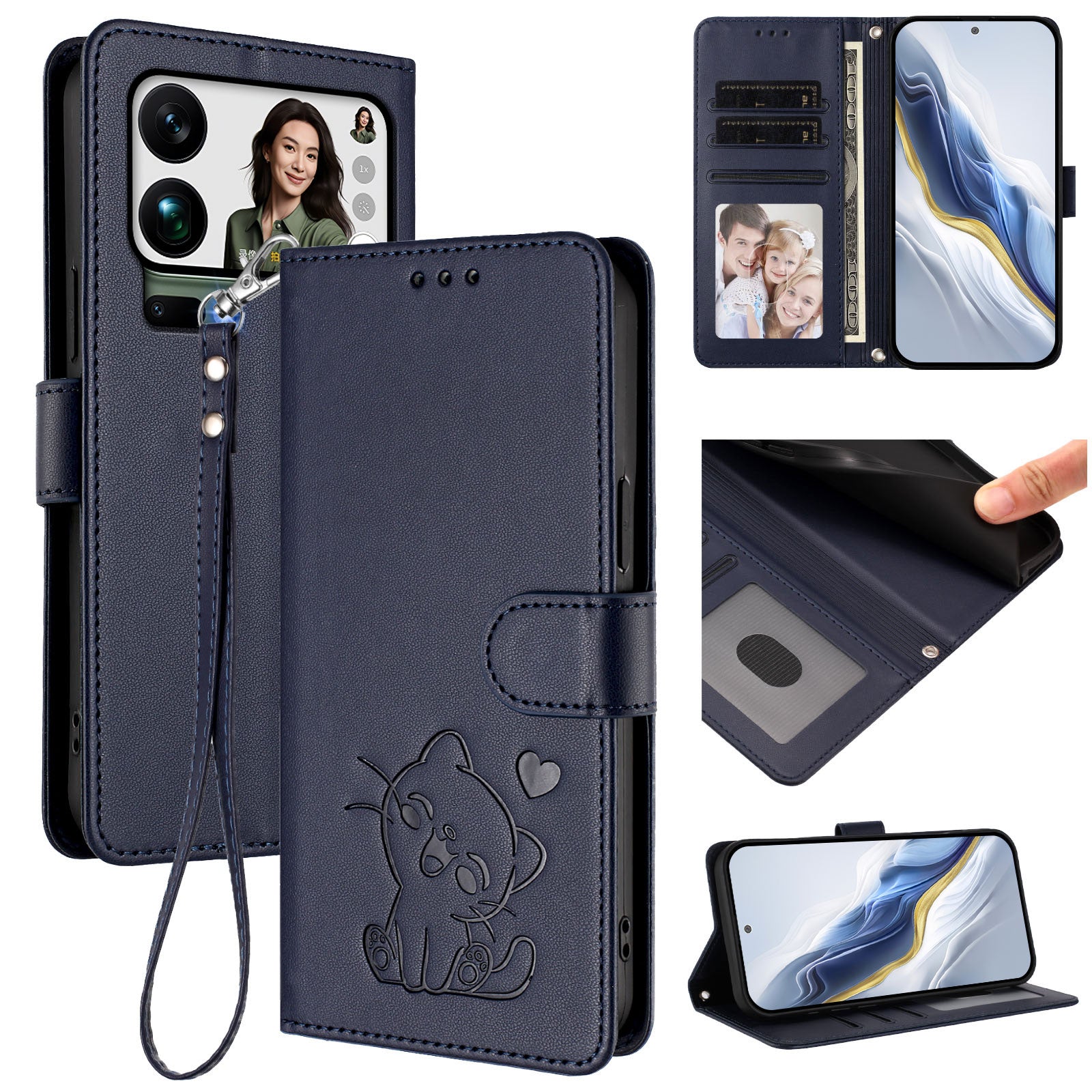 For Xiaomi 17 Pro Max Wallet Case with Wrist Strap Love Cat Pattern Imprint Leather Phone Cover - Blue