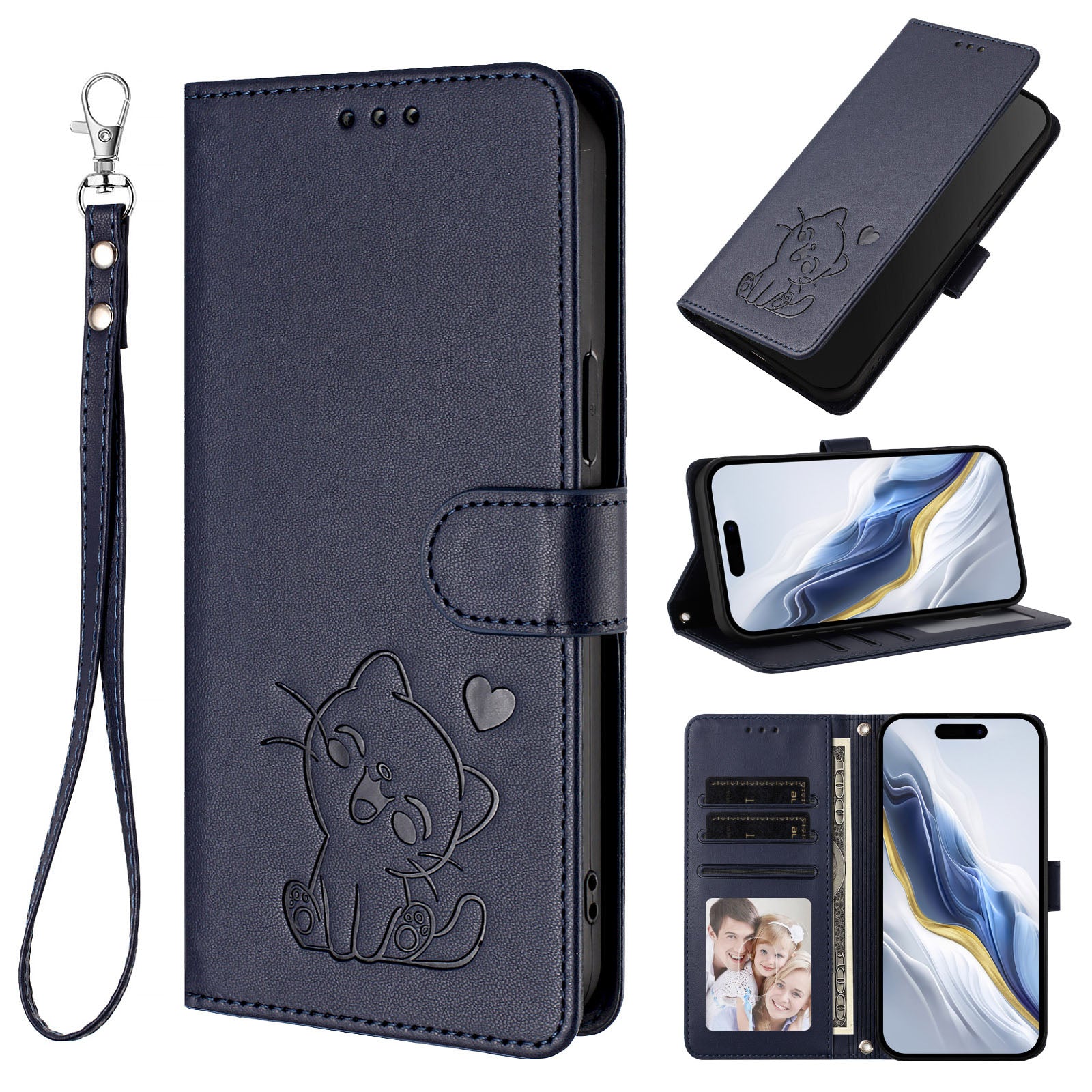For Xiaomi 17 Pro Max Wallet Case with Wrist Strap Love Cat Pattern Imprint Leather Phone Cover - Blue