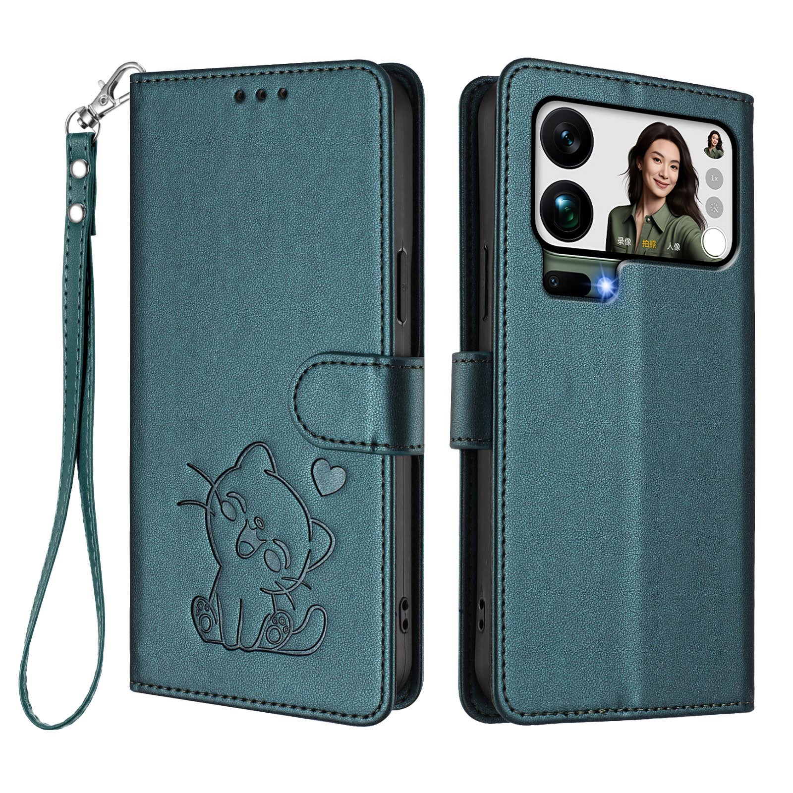 For Xiaomi 17 Pro Max Wallet Case with Wrist Strap Love Cat Pattern Imprint Leather Phone Cover - Green