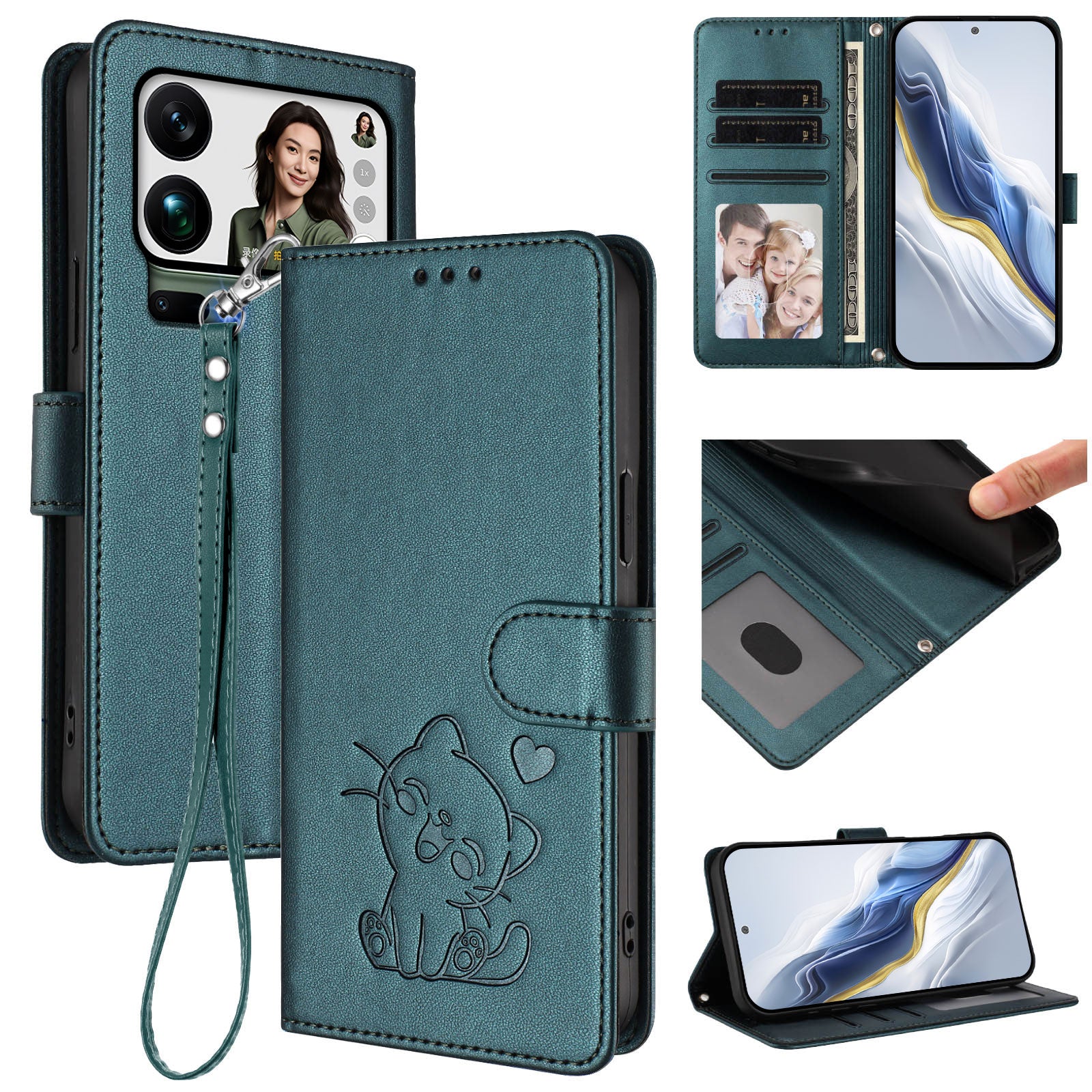 For Xiaomi 17 Pro Max Wallet Case with Wrist Strap Love Cat Pattern Imprint Leather Phone Cover - Green