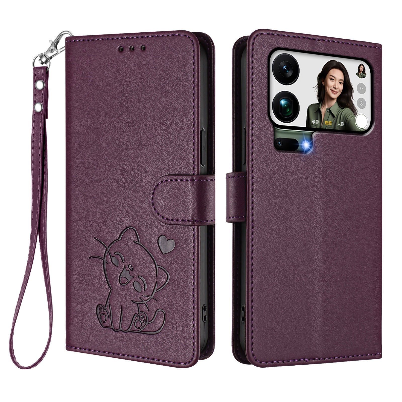 For Xiaomi 17 Pro Max Wallet Case with Wrist Strap Love Cat Pattern Imprint Leather Phone Cover - Purple