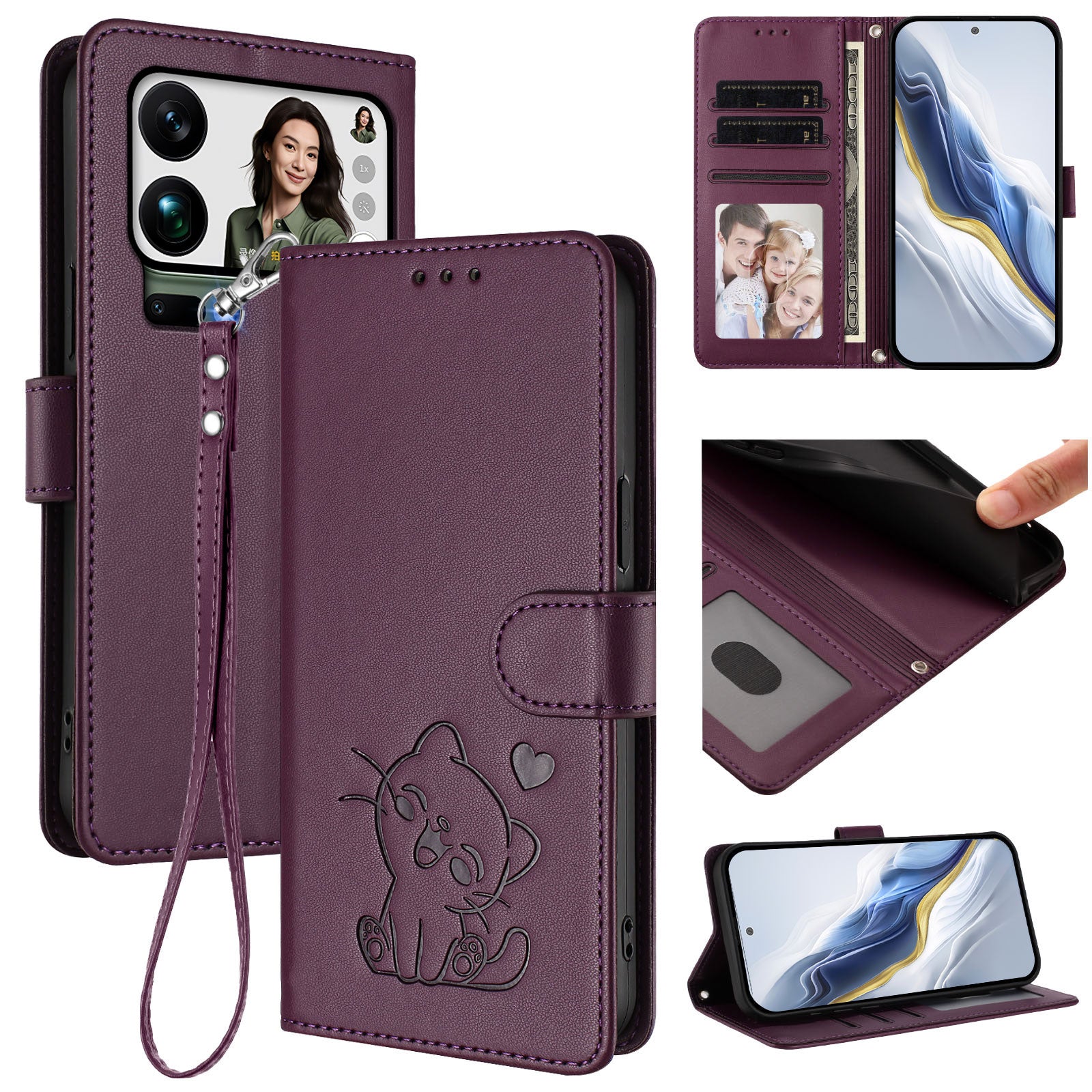 For Xiaomi 17 Pro Max Wallet Case with Wrist Strap Love Cat Pattern Imprint Leather Phone Cover - Purple