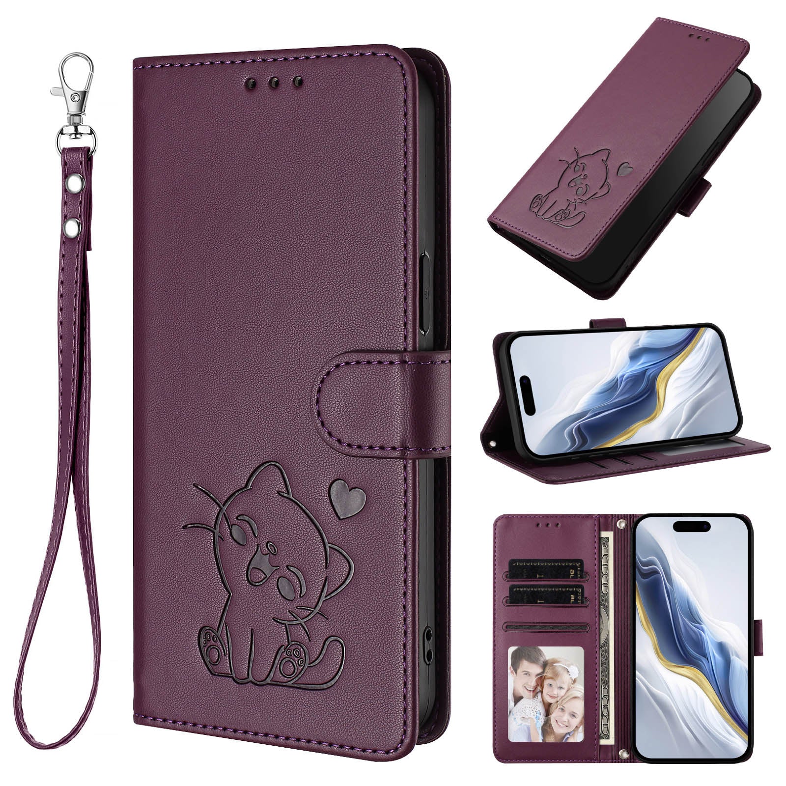 For Xiaomi 17 Pro Max Wallet Case with Wrist Strap Love Cat Pattern Imprint Leather Phone Cover - Purple