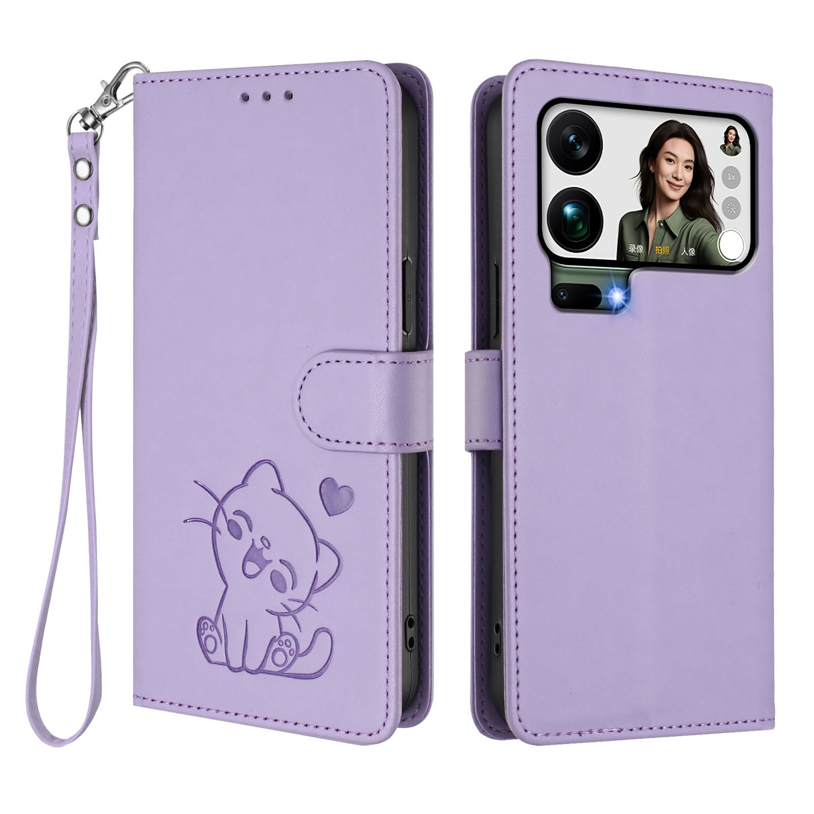 For Xiaomi 17 Pro Max Wallet Case with Wrist Strap Love Cat Pattern Imprint Leather Phone Cover - Light Purple