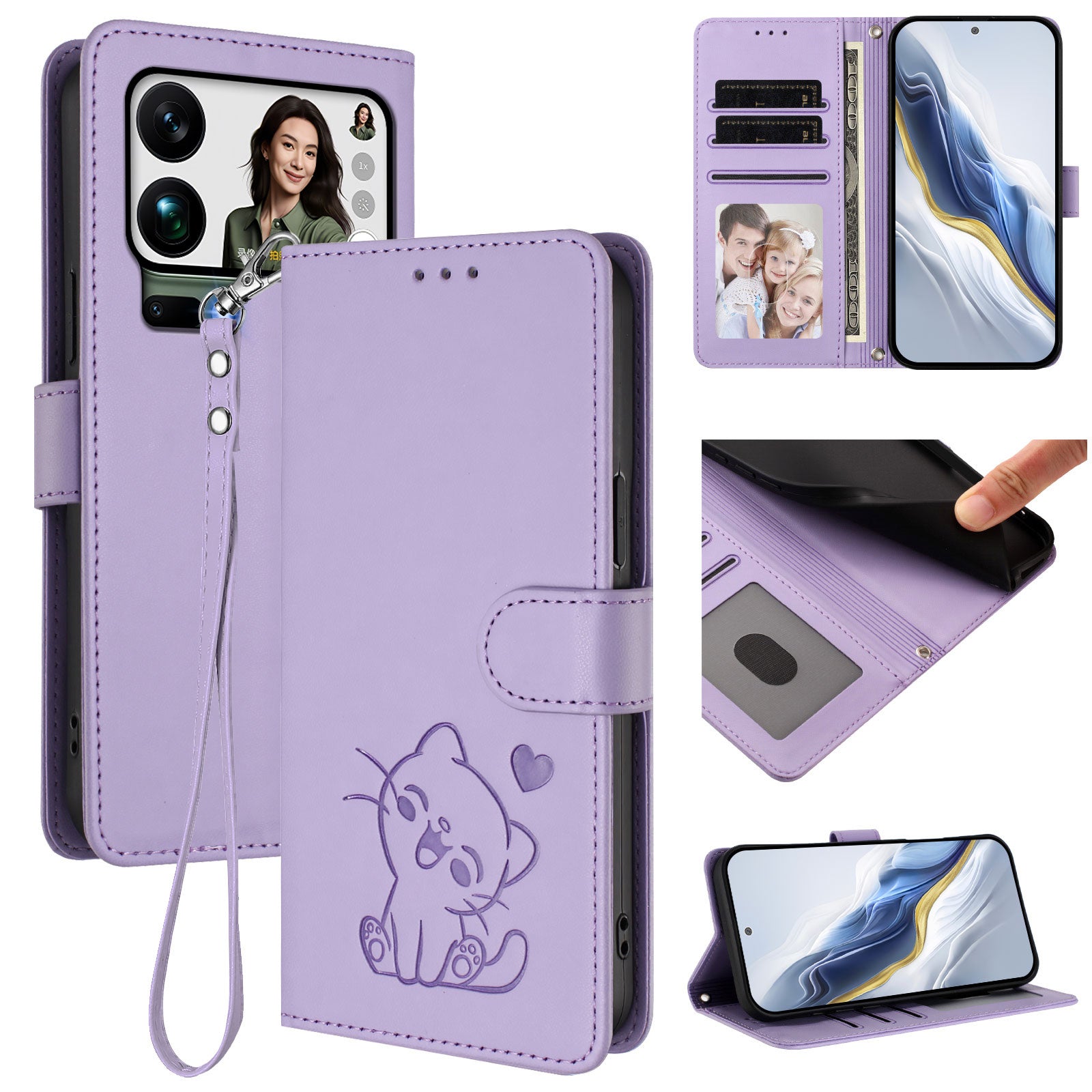 For Xiaomi 17 Pro Max Wallet Case with Wrist Strap Love Cat Pattern Imprint Leather Phone Cover - Light Purple