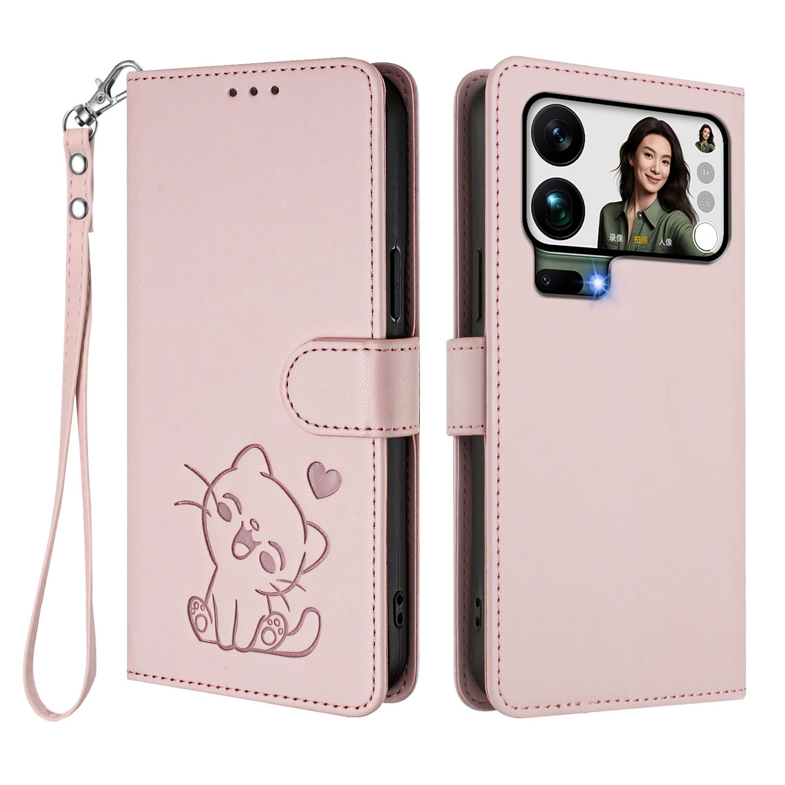 For Xiaomi 17 Pro Max Wallet Case with Wrist Strap Love Cat Pattern Imprint Leather Phone Cover - Pink