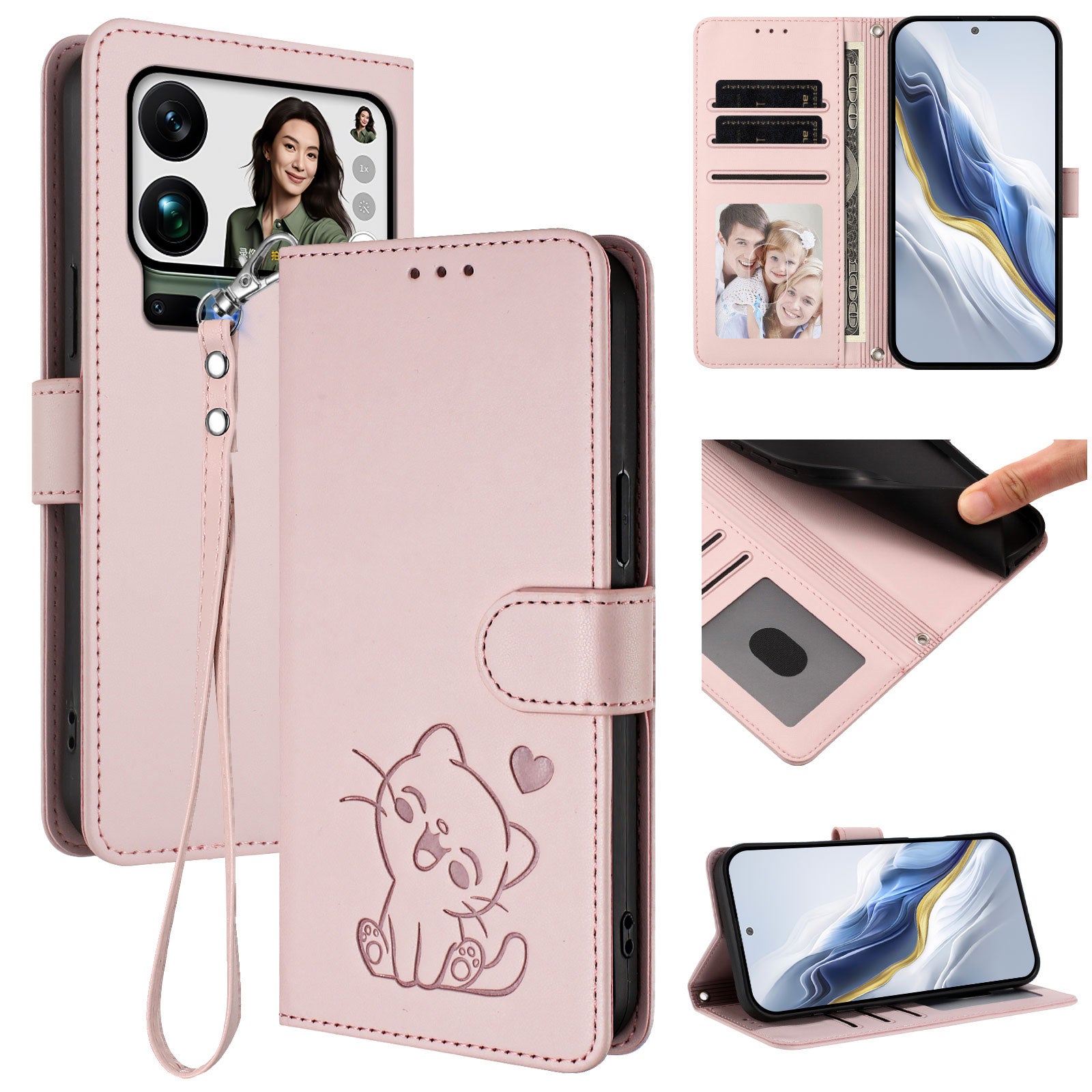 For Xiaomi 17 Pro Max Wallet Case with Wrist Strap Love Cat Pattern Imprint Leather Phone Cover - Pink