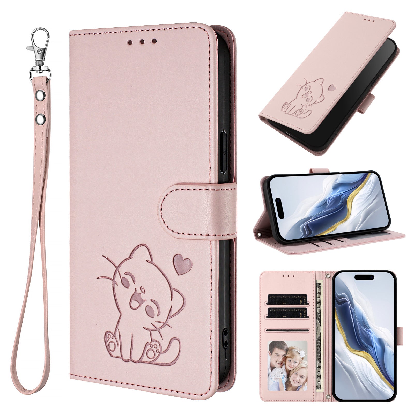 For Xiaomi 17 Pro Max Wallet Case with Wrist Strap Love Cat Pattern Imprint Leather Phone Cover - Pink