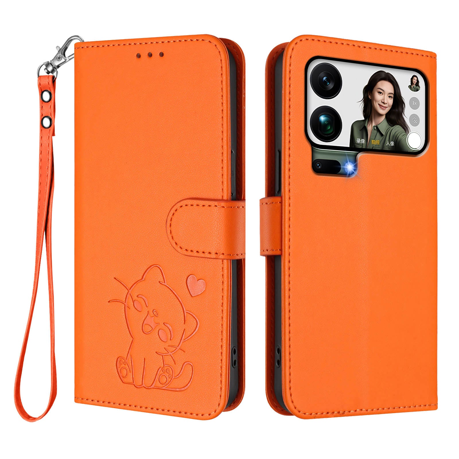 For Xiaomi 17 Pro Max Wallet Case with Wrist Strap Love Cat Pattern Imprint Leather Phone Cover - Orange
