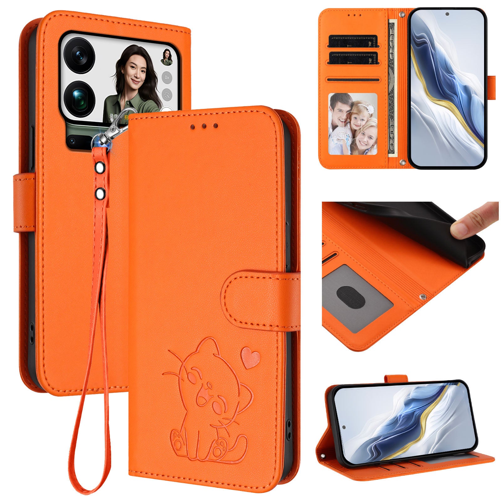 For Xiaomi 17 Pro Max Wallet Case with Wrist Strap Love Cat Pattern Imprint Leather Phone Cover - Orange