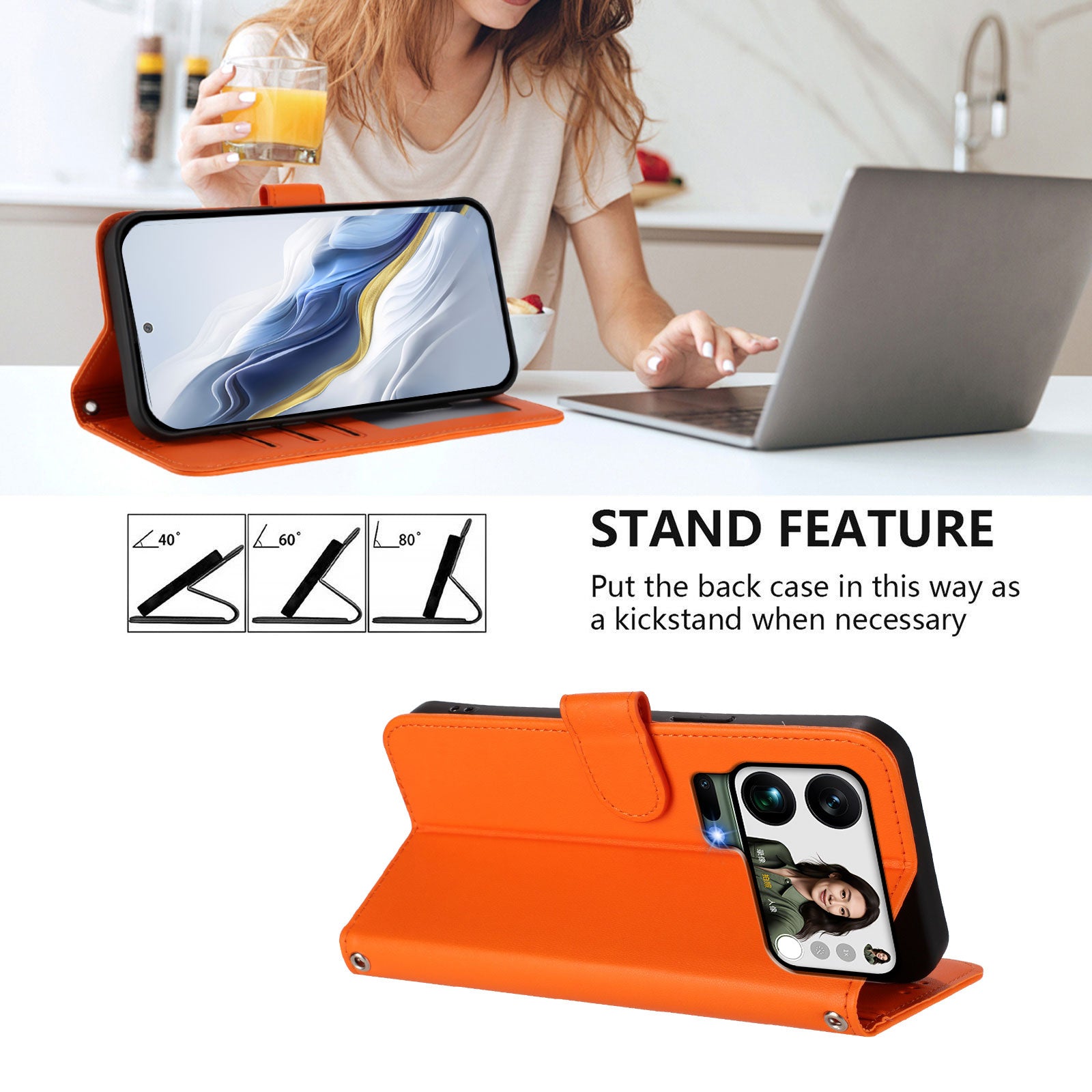 For Xiaomi 17 Pro Max Wallet Case with Wrist Strap Love Cat Pattern Imprint Leather Phone Cover - Orange
