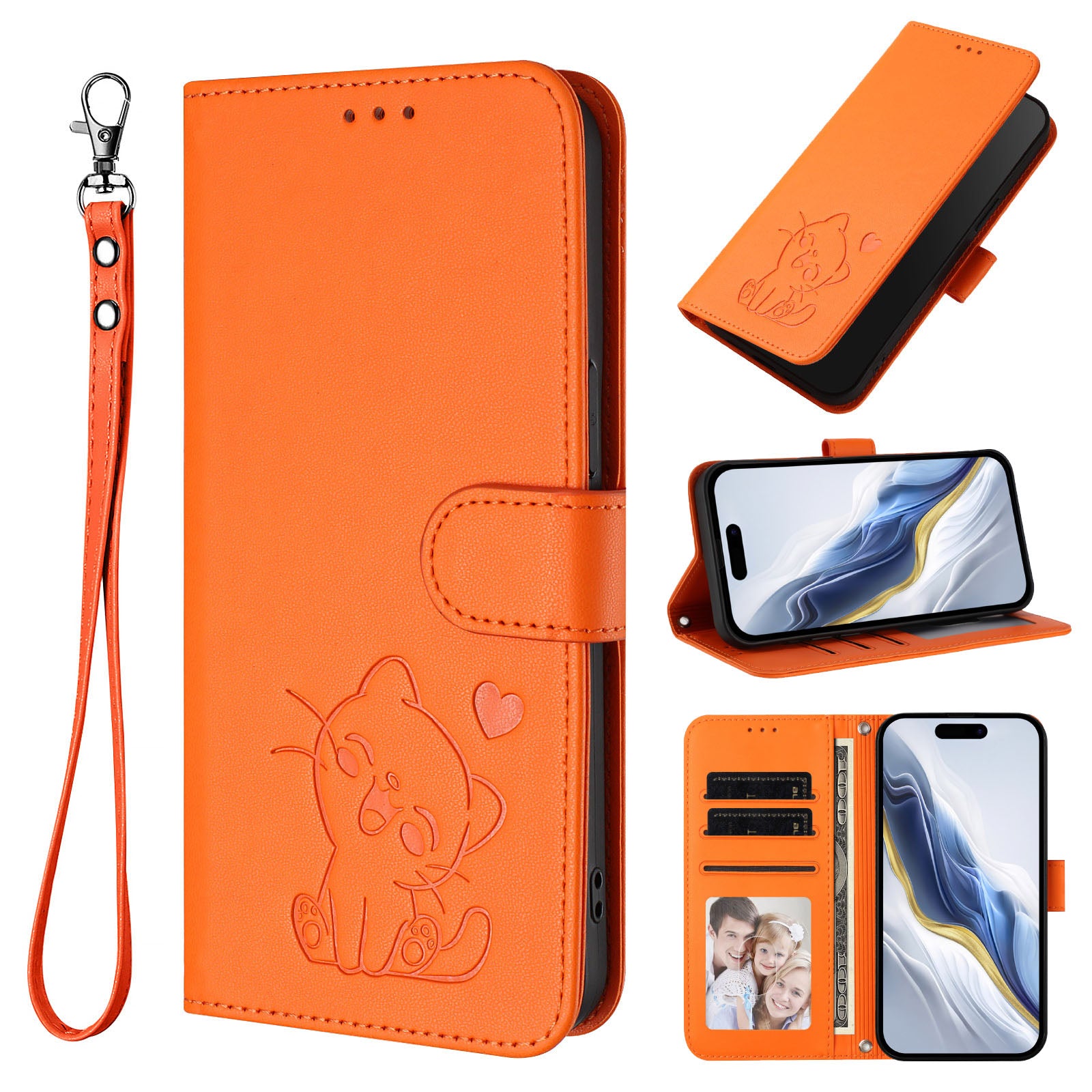For Xiaomi 17 Pro Max Wallet Case with Wrist Strap Love Cat Pattern Imprint Leather Phone Cover - Orange