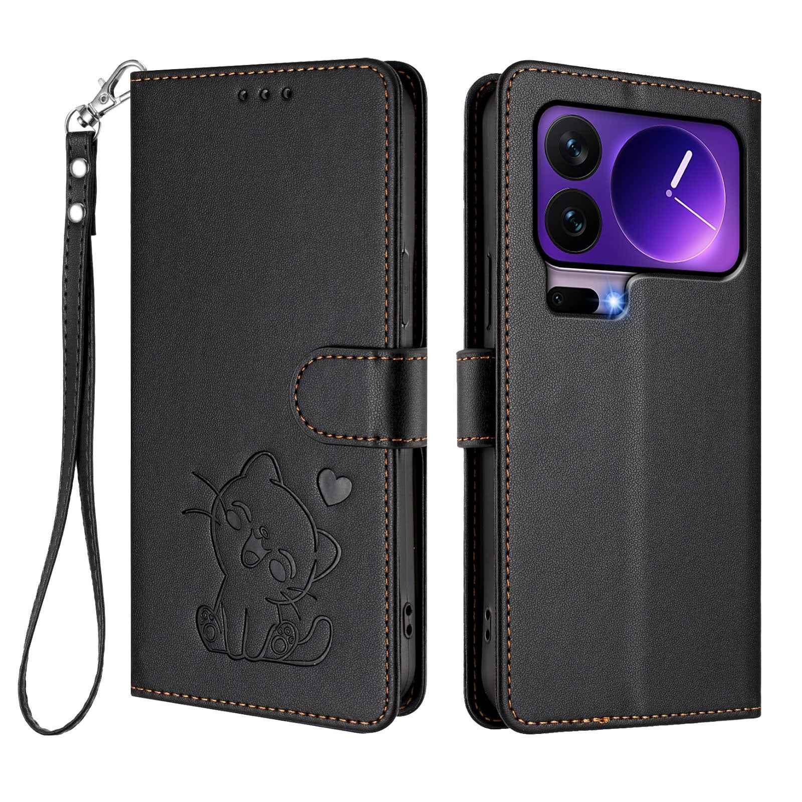For Xiaomi 17 Pro Wallet Case with Wrist Strap Love Cat Pattern Imprint Leather Phone Cover - Black