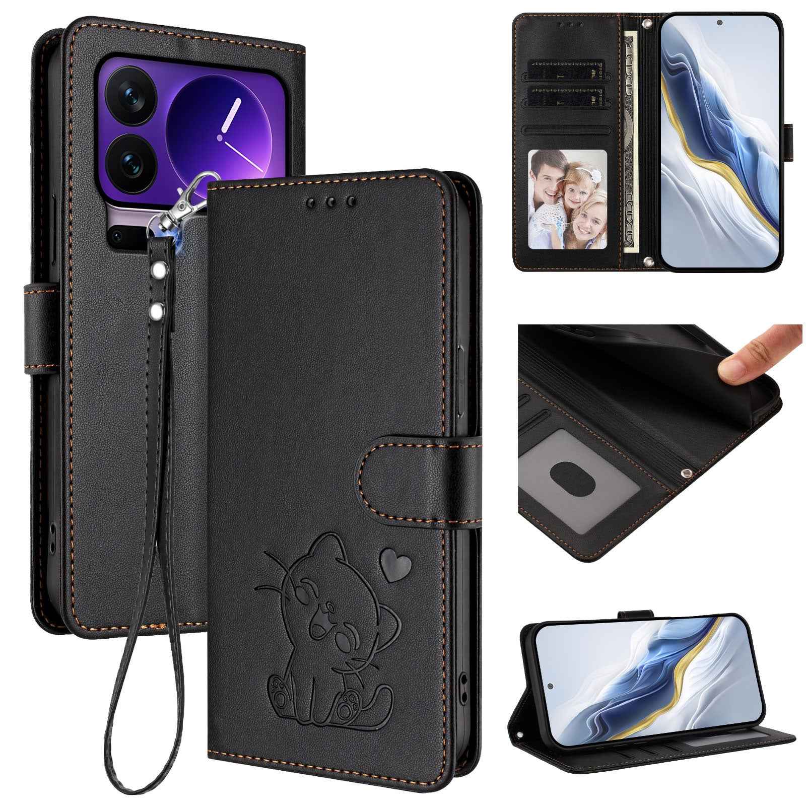 For Xiaomi 17 Pro Wallet Case with Wrist Strap Love Cat Pattern Imprint Leather Phone Cover - Black