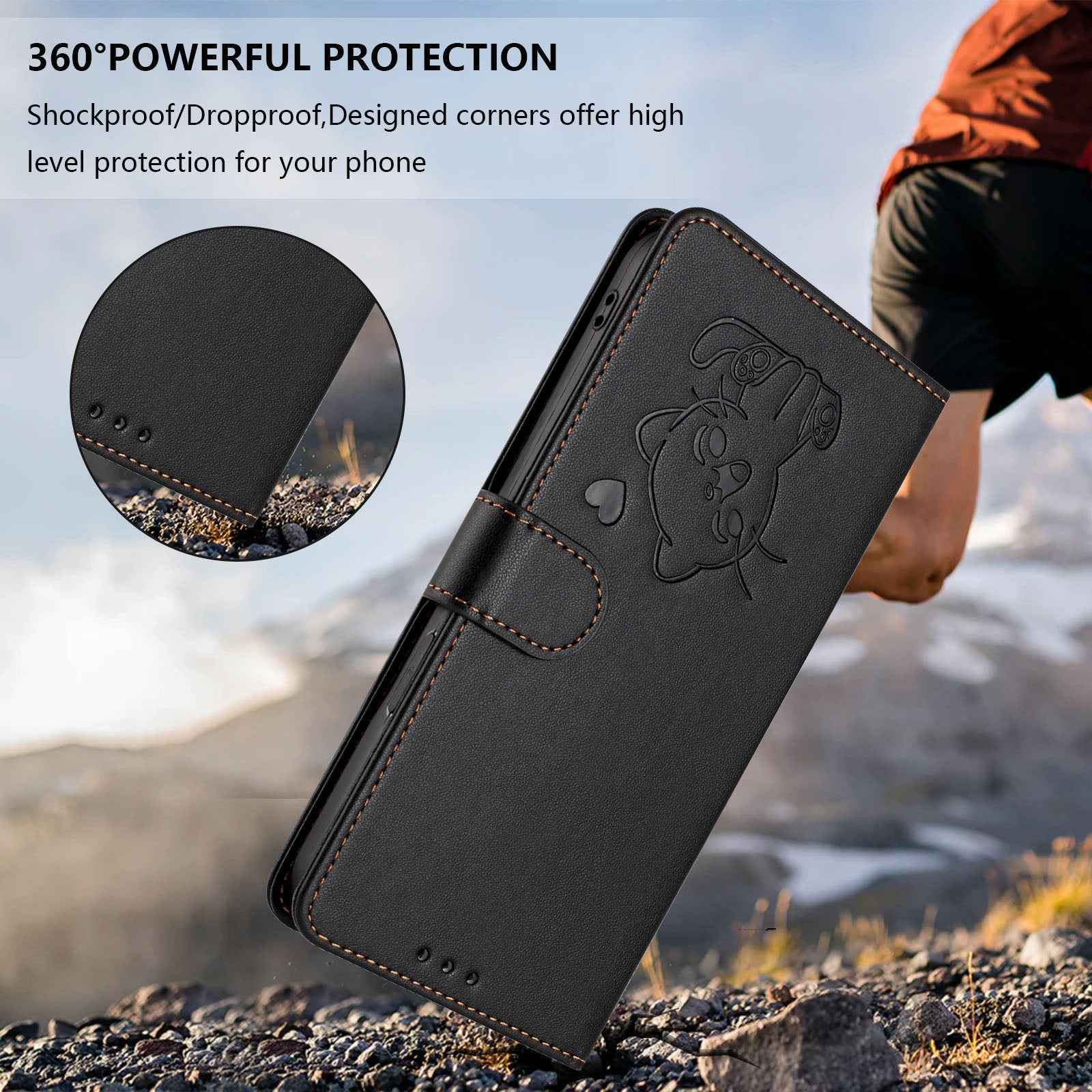 For Xiaomi 17 Pro Wallet Case with Wrist Strap Love Cat Pattern Imprint Leather Phone Cover - Black