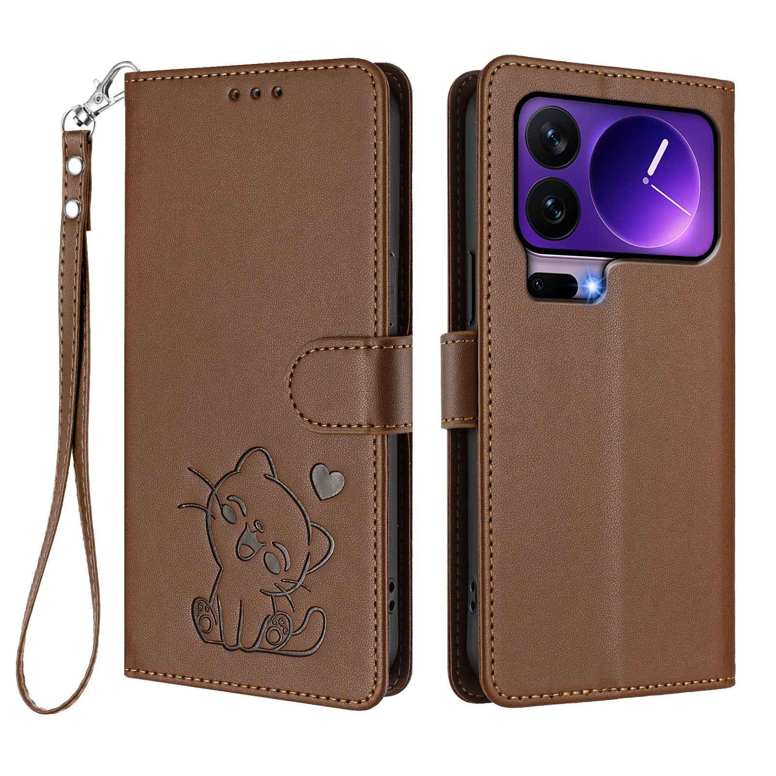 For Xiaomi 17 Pro Wallet Case with Wrist Strap Love Cat Pattern Imprint Leather Phone Cover - Brown