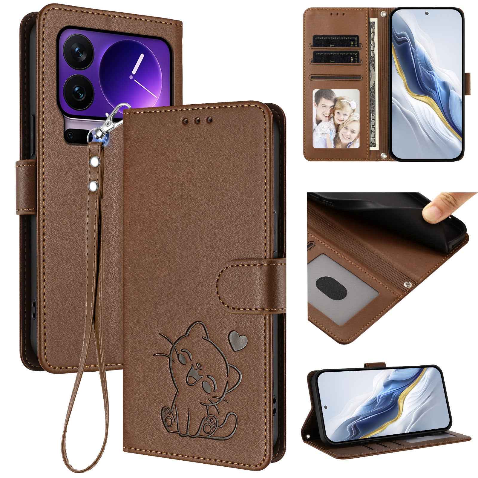 For Xiaomi 17 Pro Wallet Case with Wrist Strap Love Cat Pattern Imprint Leather Phone Cover - Brown