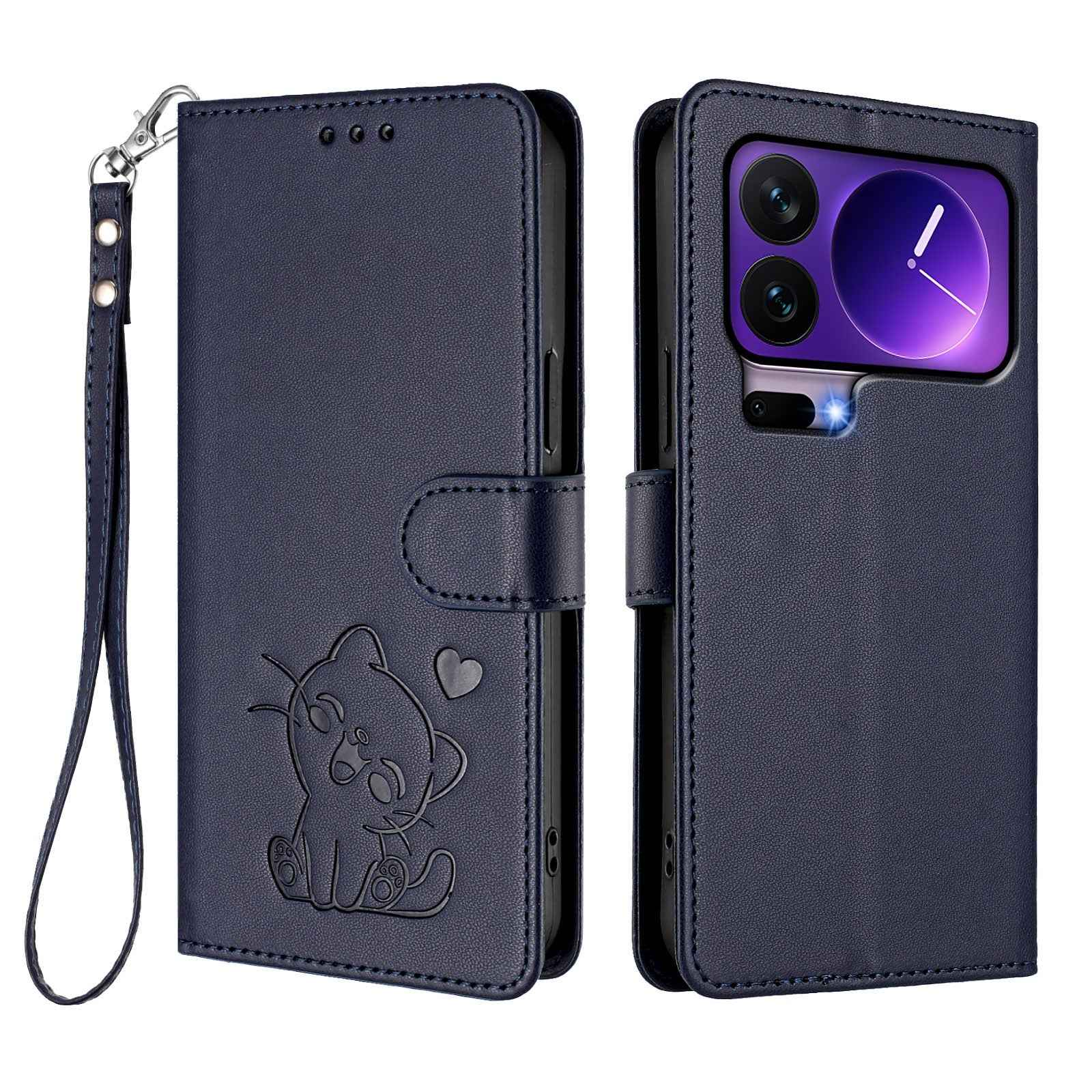 For Xiaomi 17 Pro Wallet Case with Wrist Strap Love Cat Pattern Imprint Leather Phone Cover - Blue