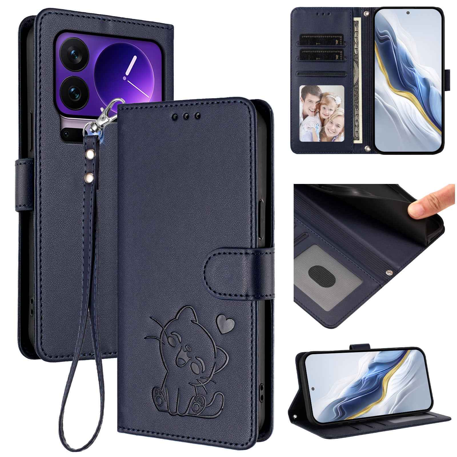 For Xiaomi 17 Pro Wallet Case with Wrist Strap Love Cat Pattern Imprint Leather Phone Cover - Blue