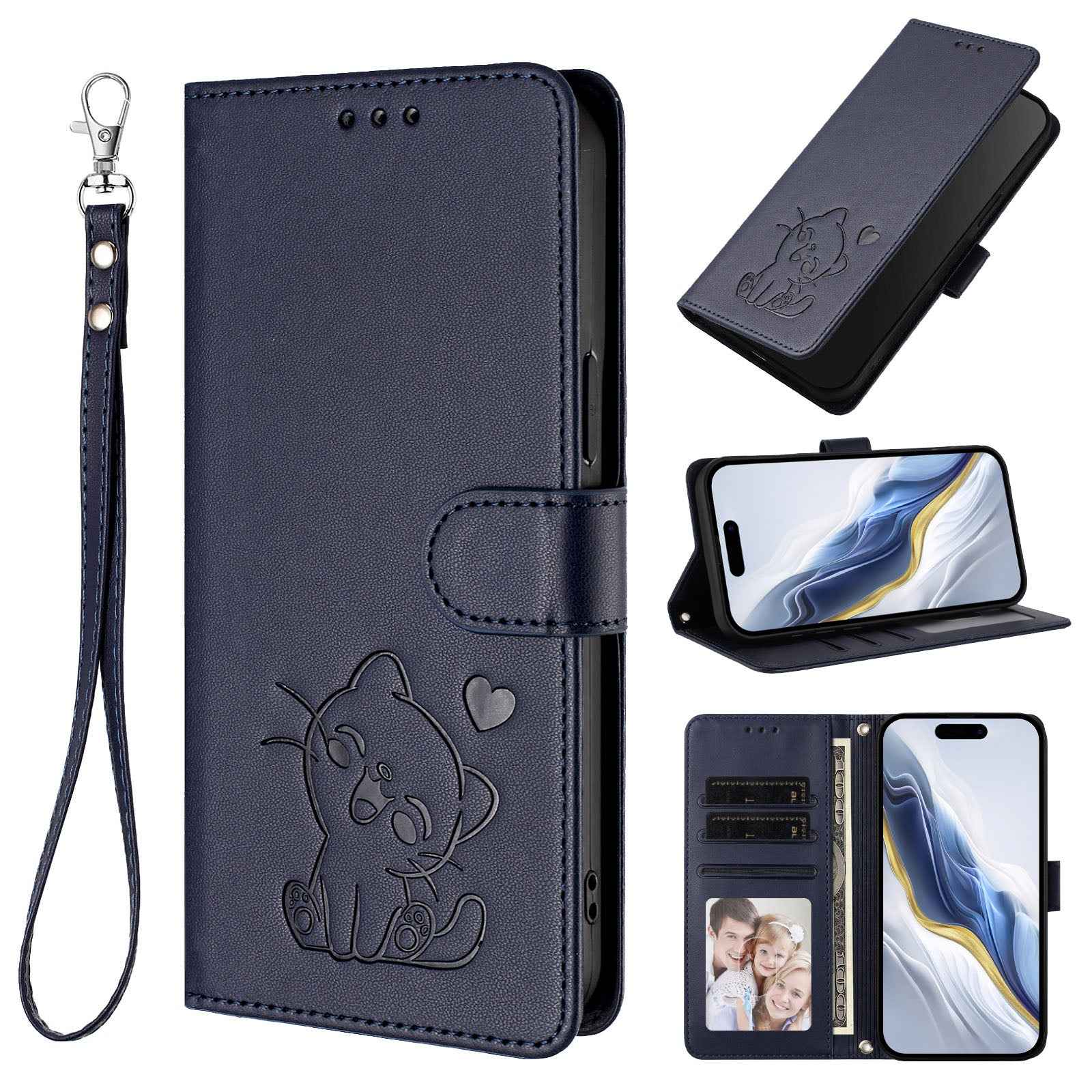 For Xiaomi 17 Pro Wallet Case with Wrist Strap Love Cat Pattern Imprint Leather Phone Cover - Blue