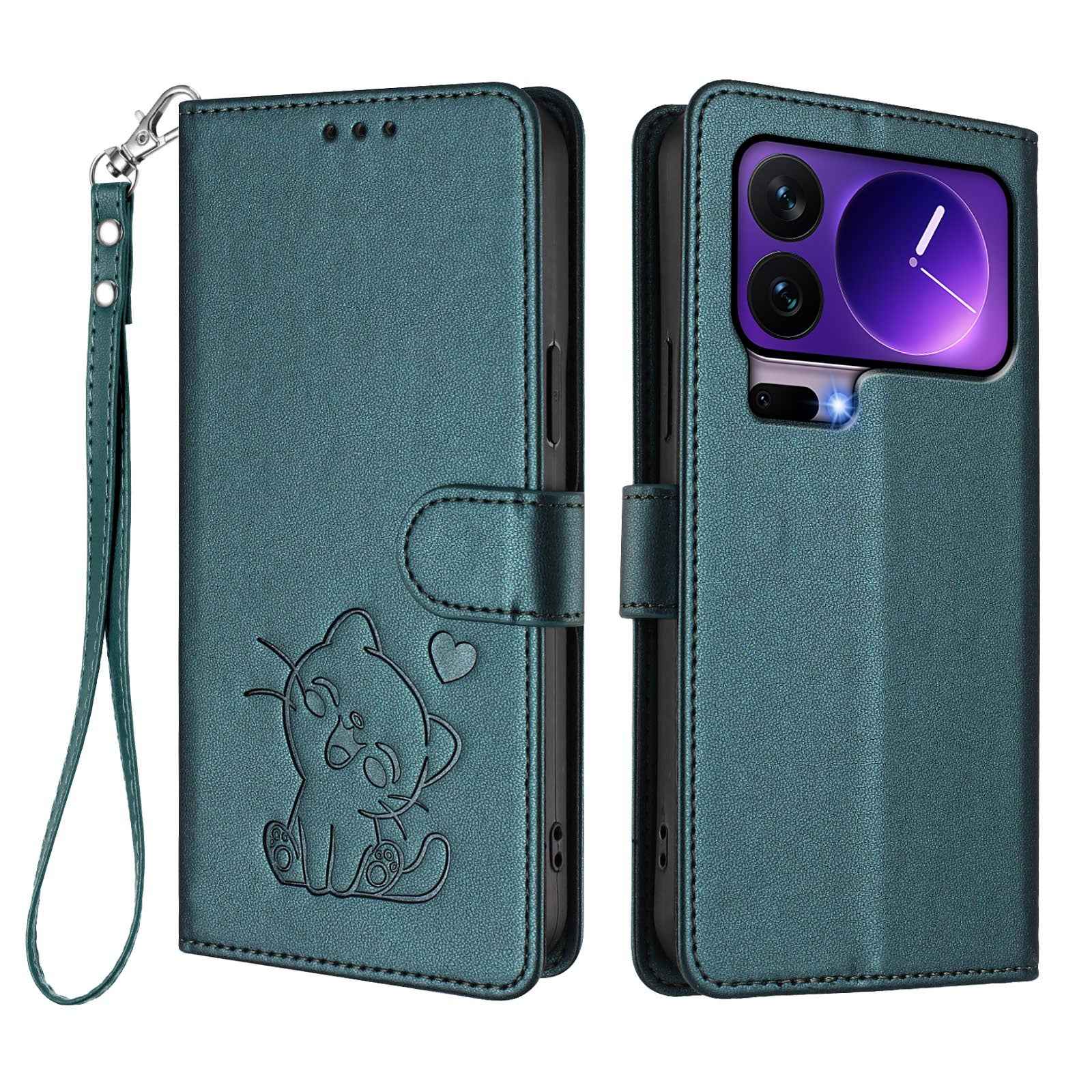 For Xiaomi 17 Pro Wallet Case with Wrist Strap Love Cat Pattern Imprint Leather Phone Cover - Green