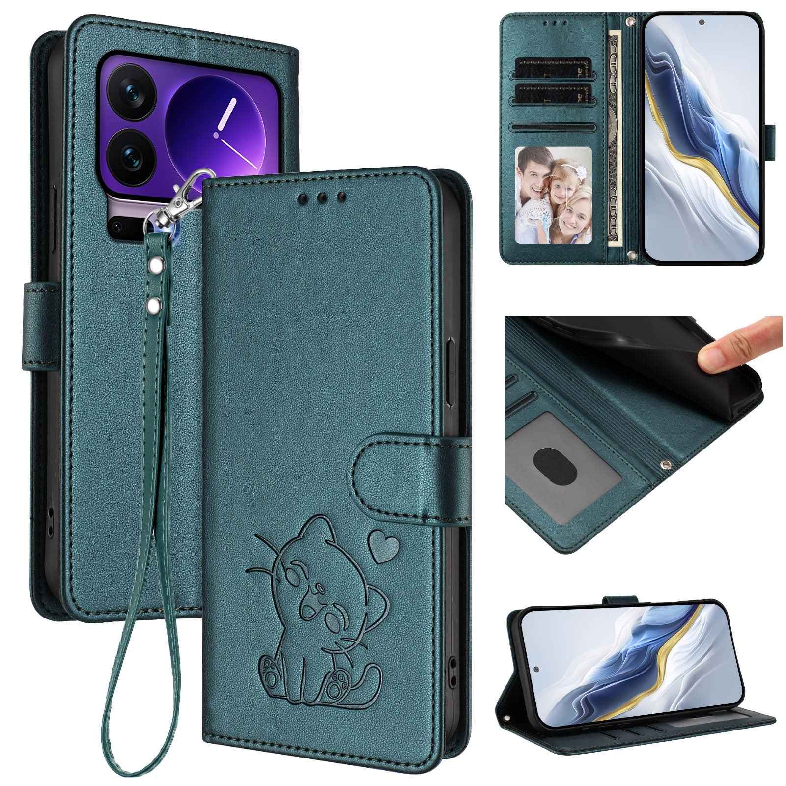 For Xiaomi 17 Pro Wallet Case with Wrist Strap Love Cat Pattern Imprint Leather Phone Cover - Green