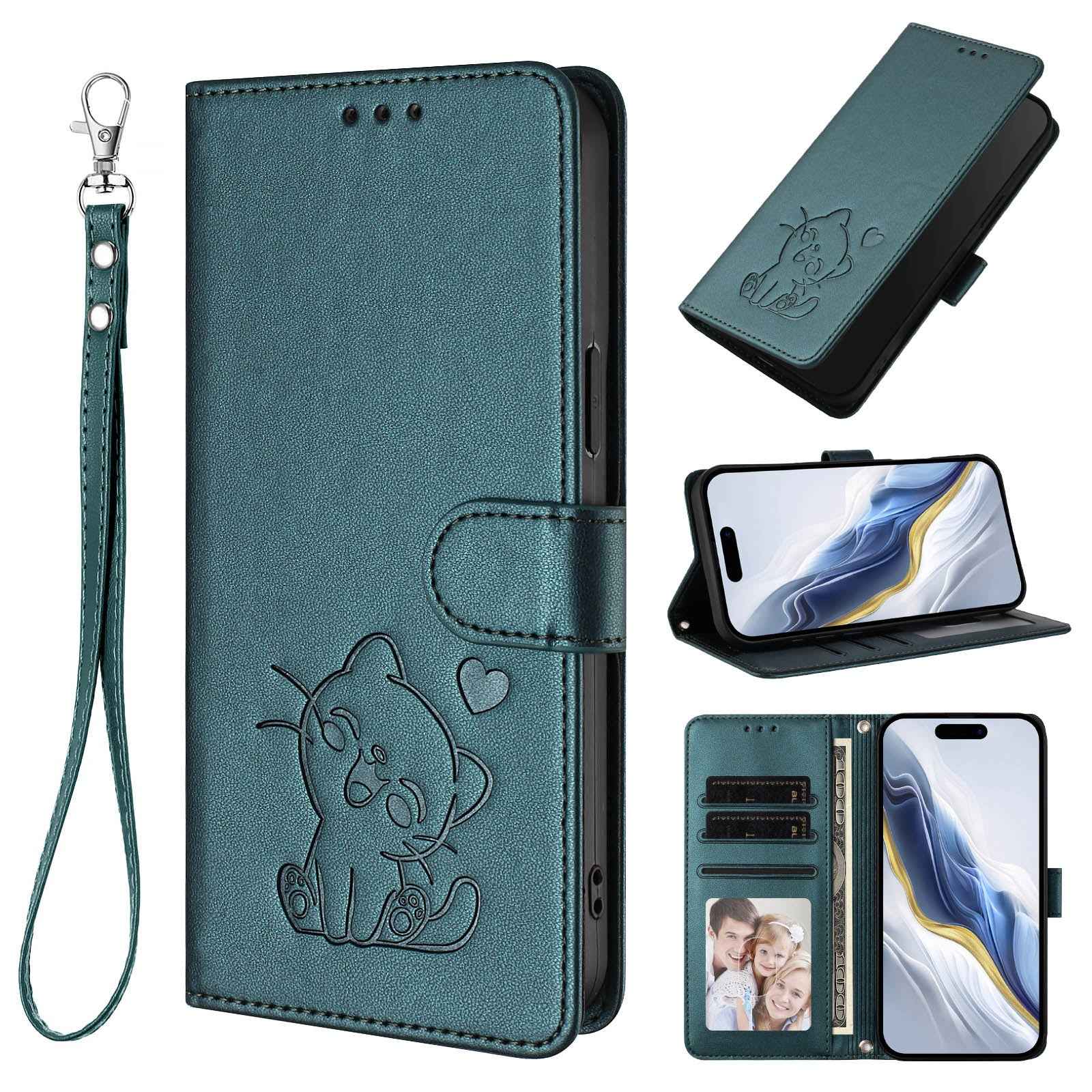 For Xiaomi 17 Pro Wallet Case with Wrist Strap Love Cat Pattern Imprint Leather Phone Cover - Green