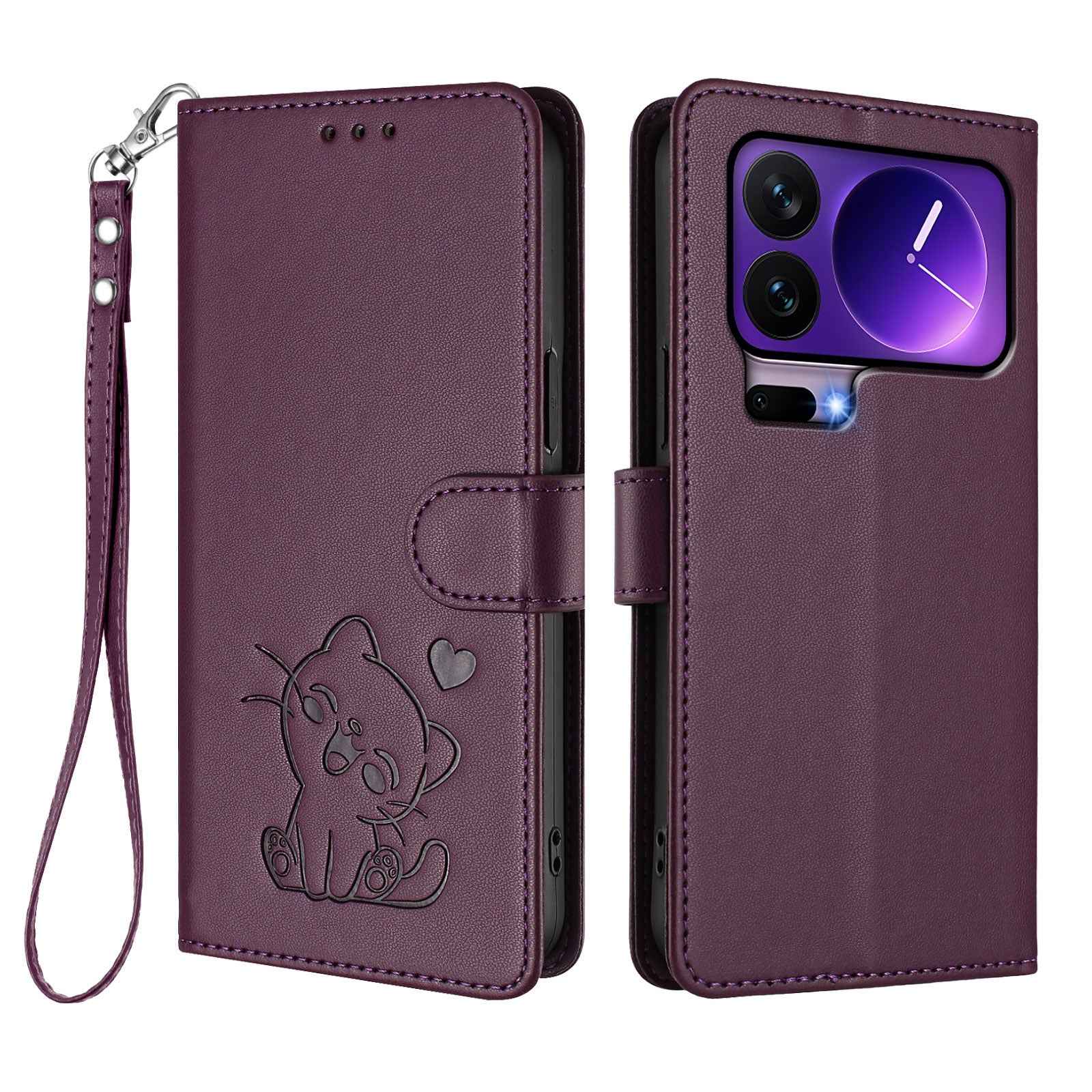 For Xiaomi 17 Pro Wallet Case with Wrist Strap Love Cat Pattern Imprint Leather Phone Cover - Purple